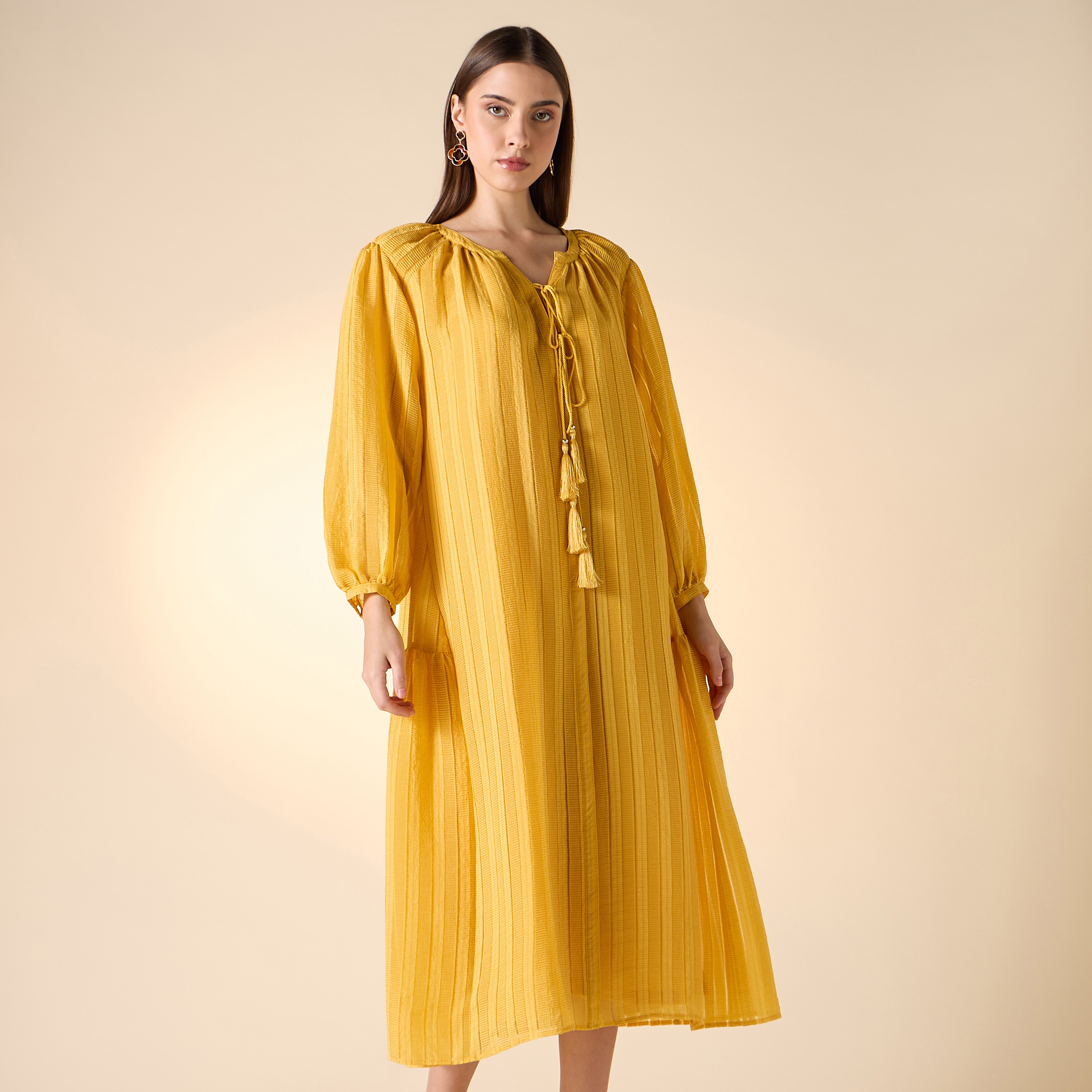 Textured Dress with Long Sleeves and Tie-Ups-women-clothing-dresses-image-1