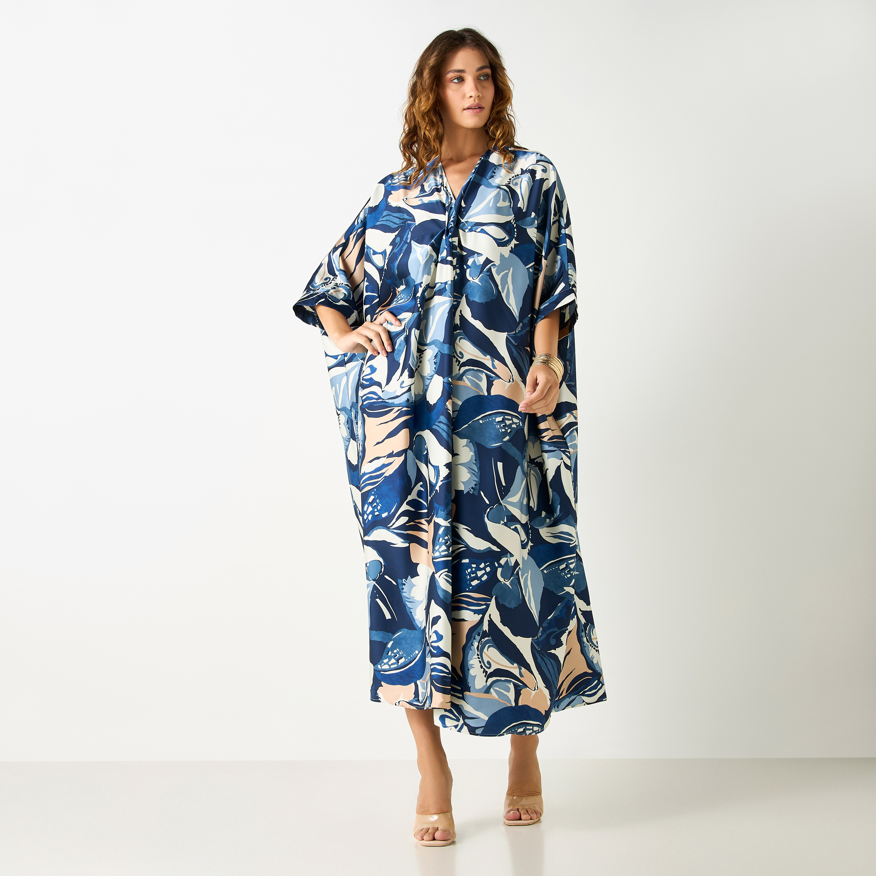 فستان قفطان بياقة V وأكمام 3/4 وطبعات-women-clothing-dresses-image-1