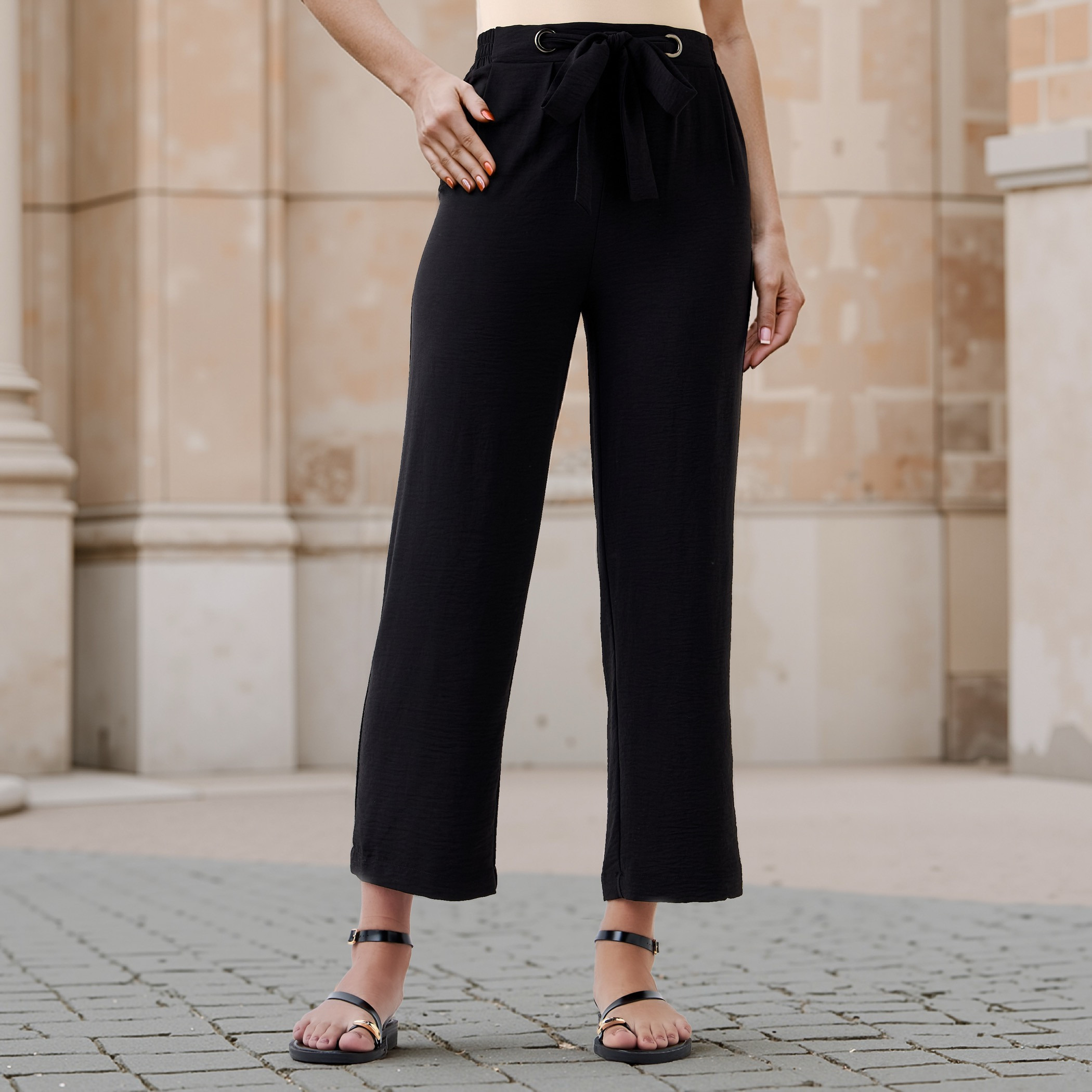 Textured Pants with Drawstring Closure-women-clothing-bottoms-trousers-image-1