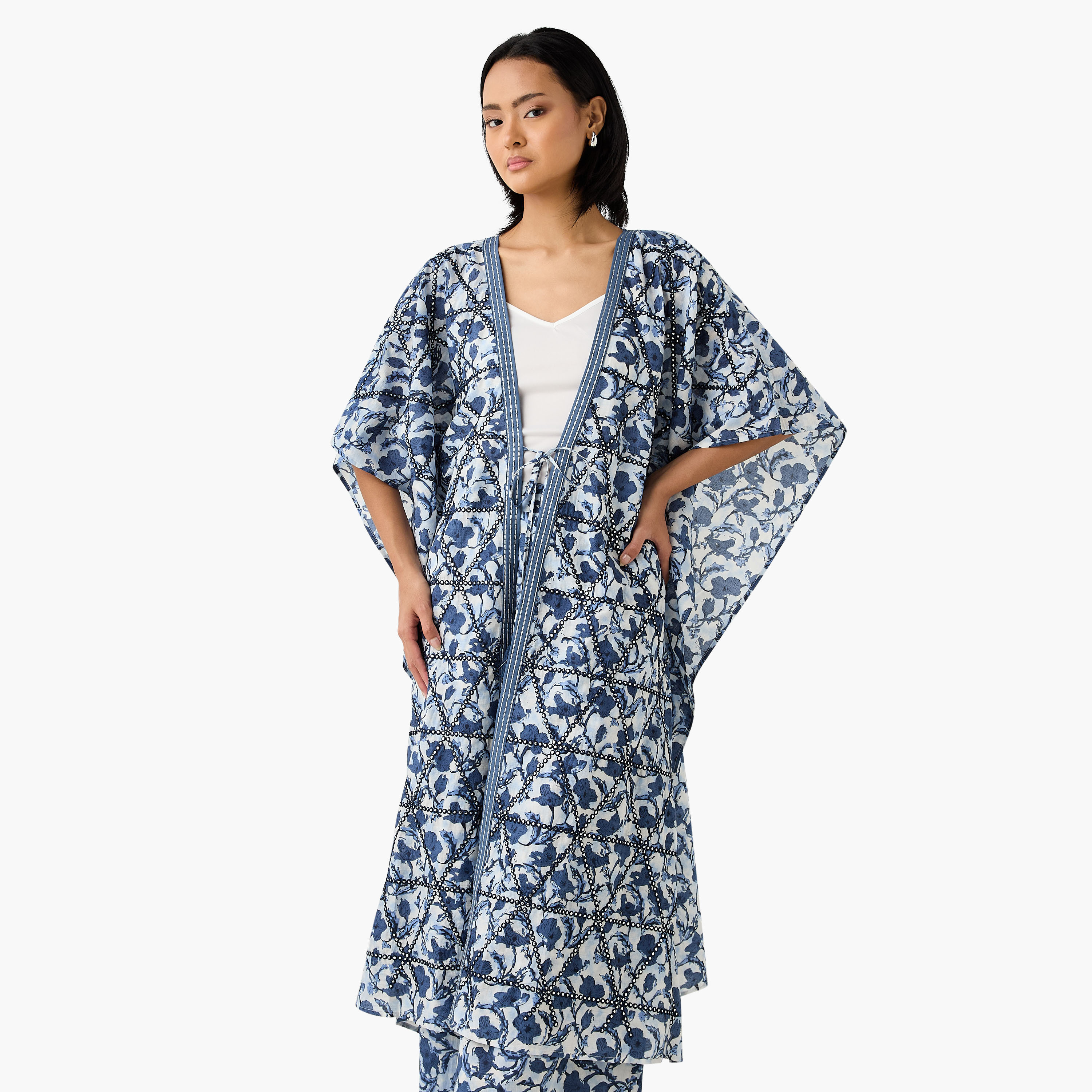 Embellished Kimono Cotton Shrug with Tie-Up-women-clothing-shirtsandblouses-blouses-image-2