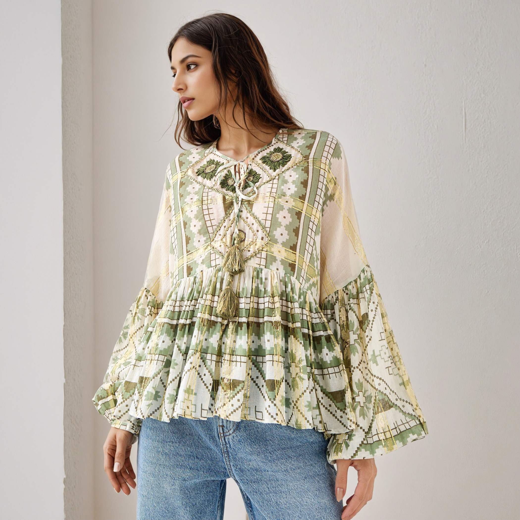 Embroidered Peplum Top with Tie-Up Neck and Flared Sleeves-women-clothing-shirtsandblouses-blouses-image-1