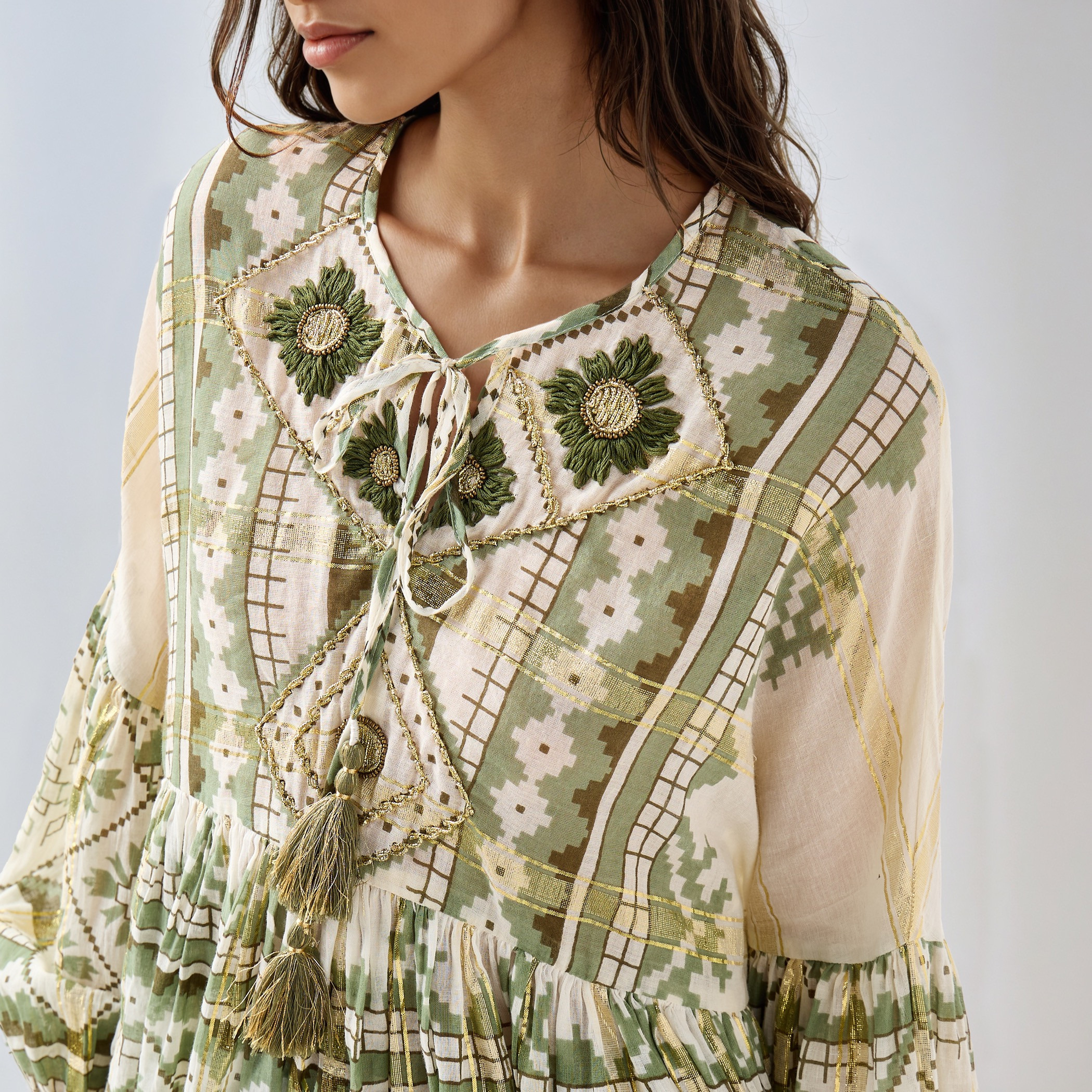 Embroidered Peplum Top with Tie-Up Neck and Flared Sleeves-women-clothing-shirtsandblouses-blouses-image-4