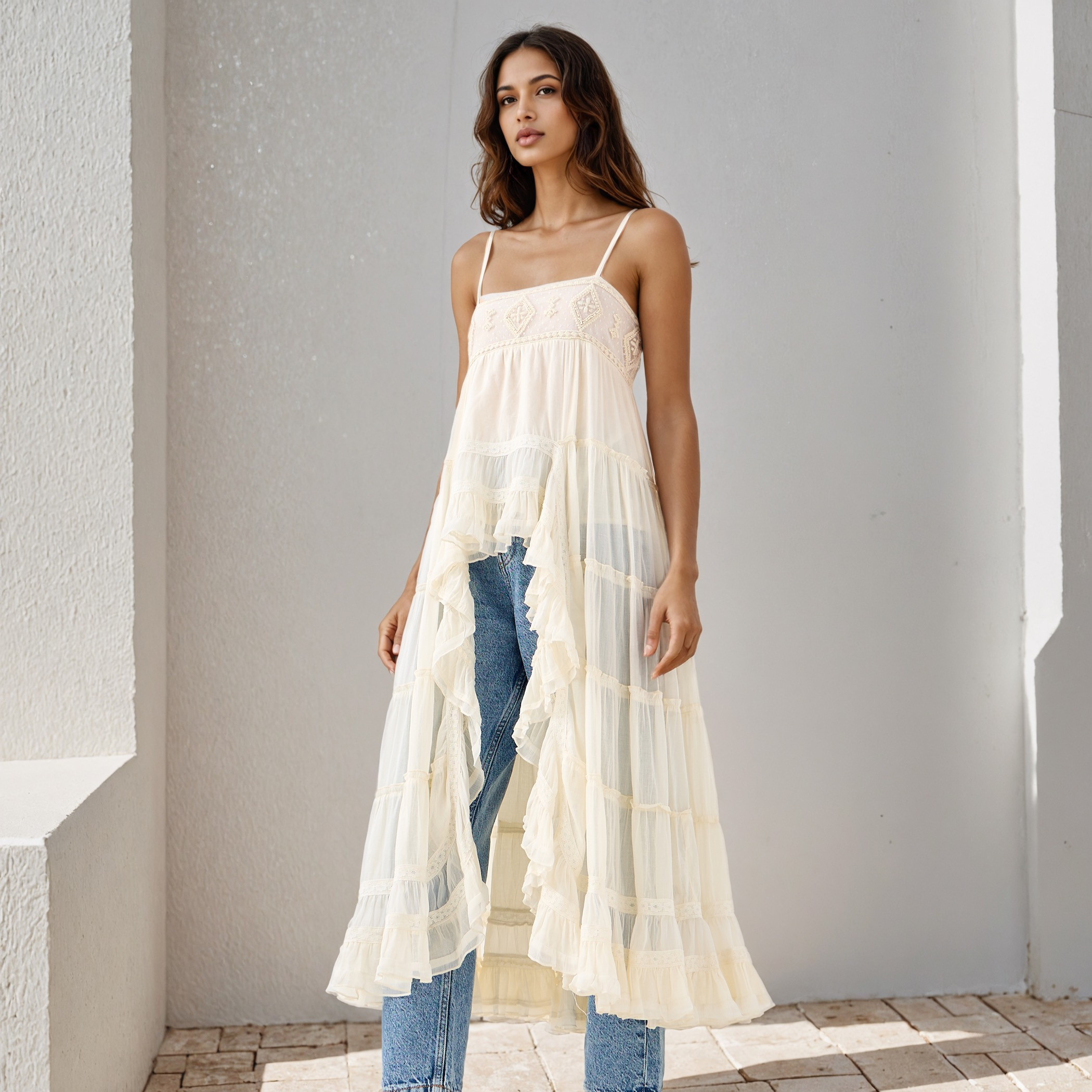 Embroidered Sleeveless Cotton Top with Ruffles and High-Low Hemline-women-clothing-shirtsandblouses-blouses-image-1