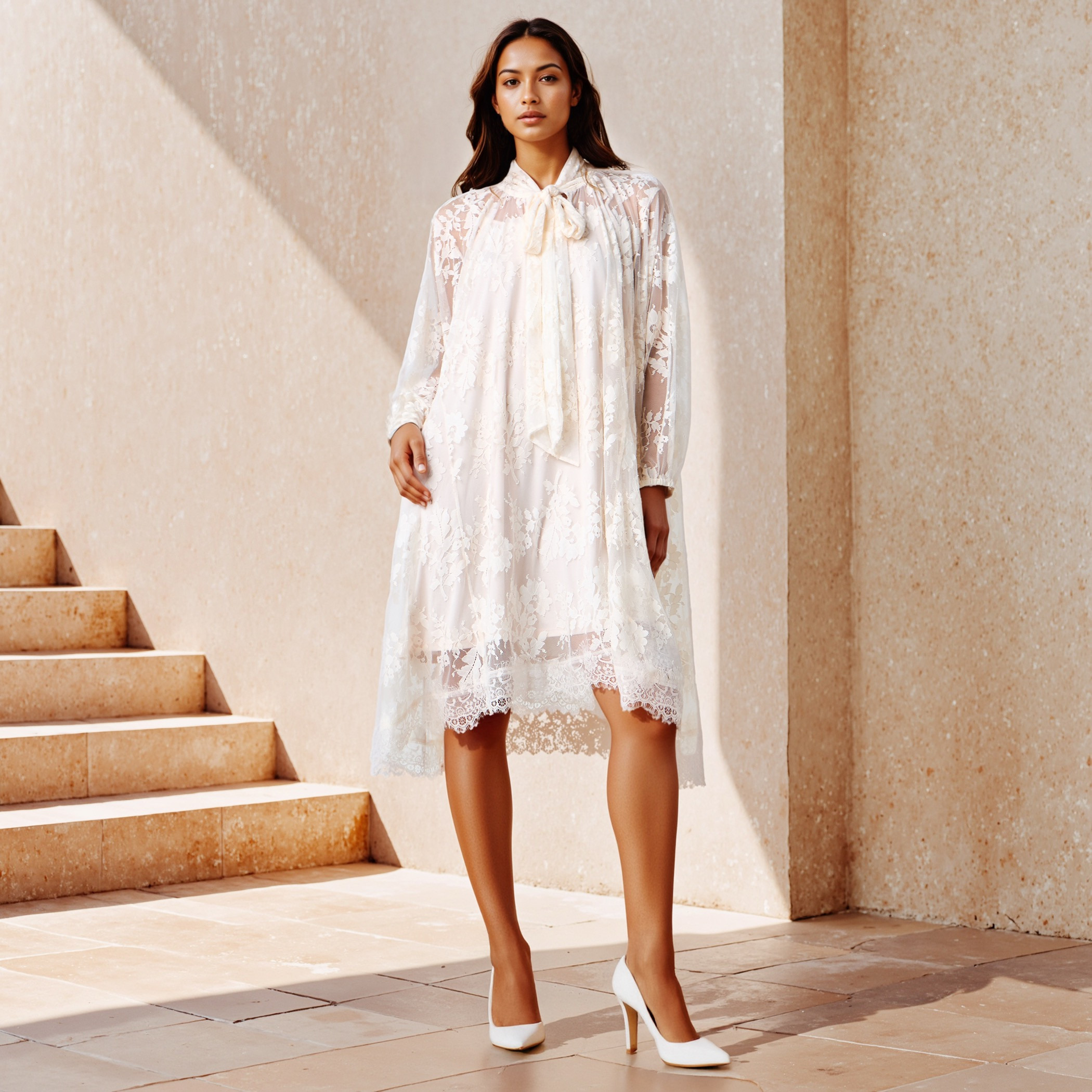 فستان تونيك بياقة رباط وتفاصيل دانتيل-women-clothing-dresses-image-2