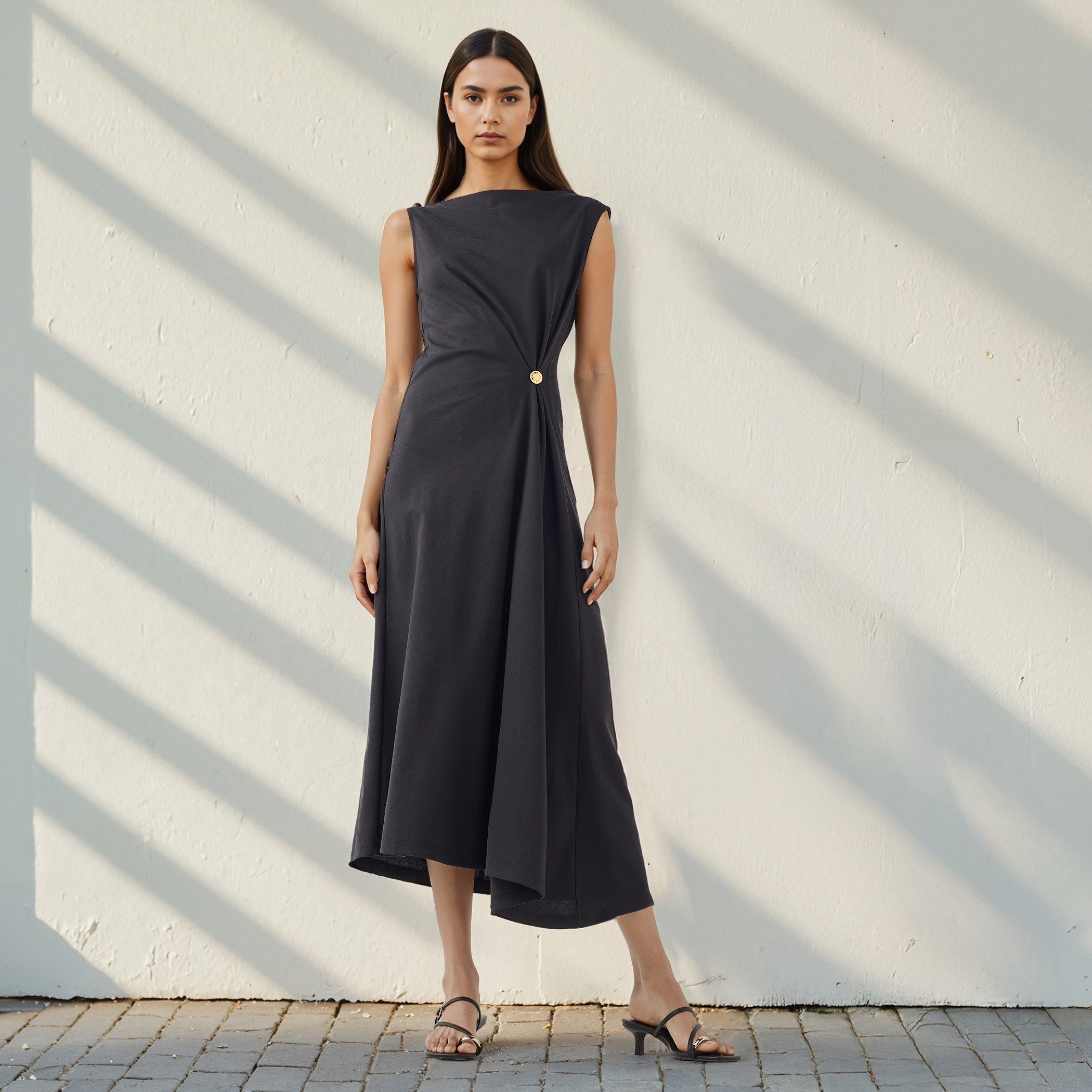 Sleeveless A-line Dress with Metal Accent Detail and Assymetrical Hem-women-clothing-dresses-image-1