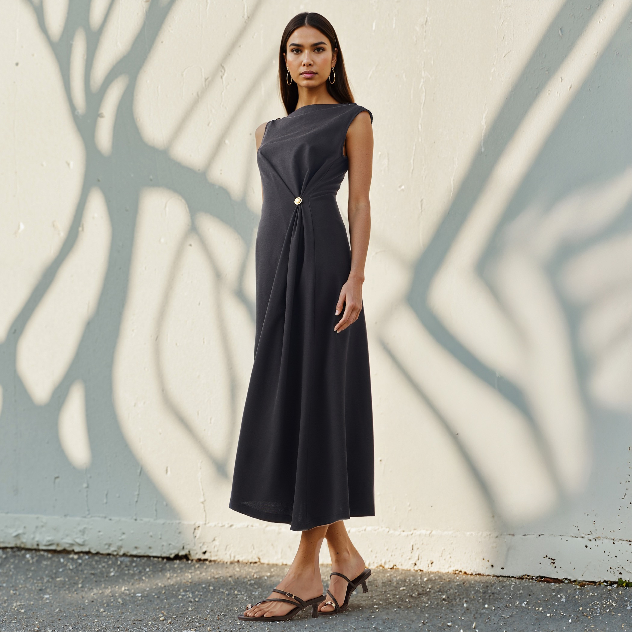 Sleeveless A-line Dress with Metal Accent Detail and Assymetrical Hem-women-clothing-dresses-image-2