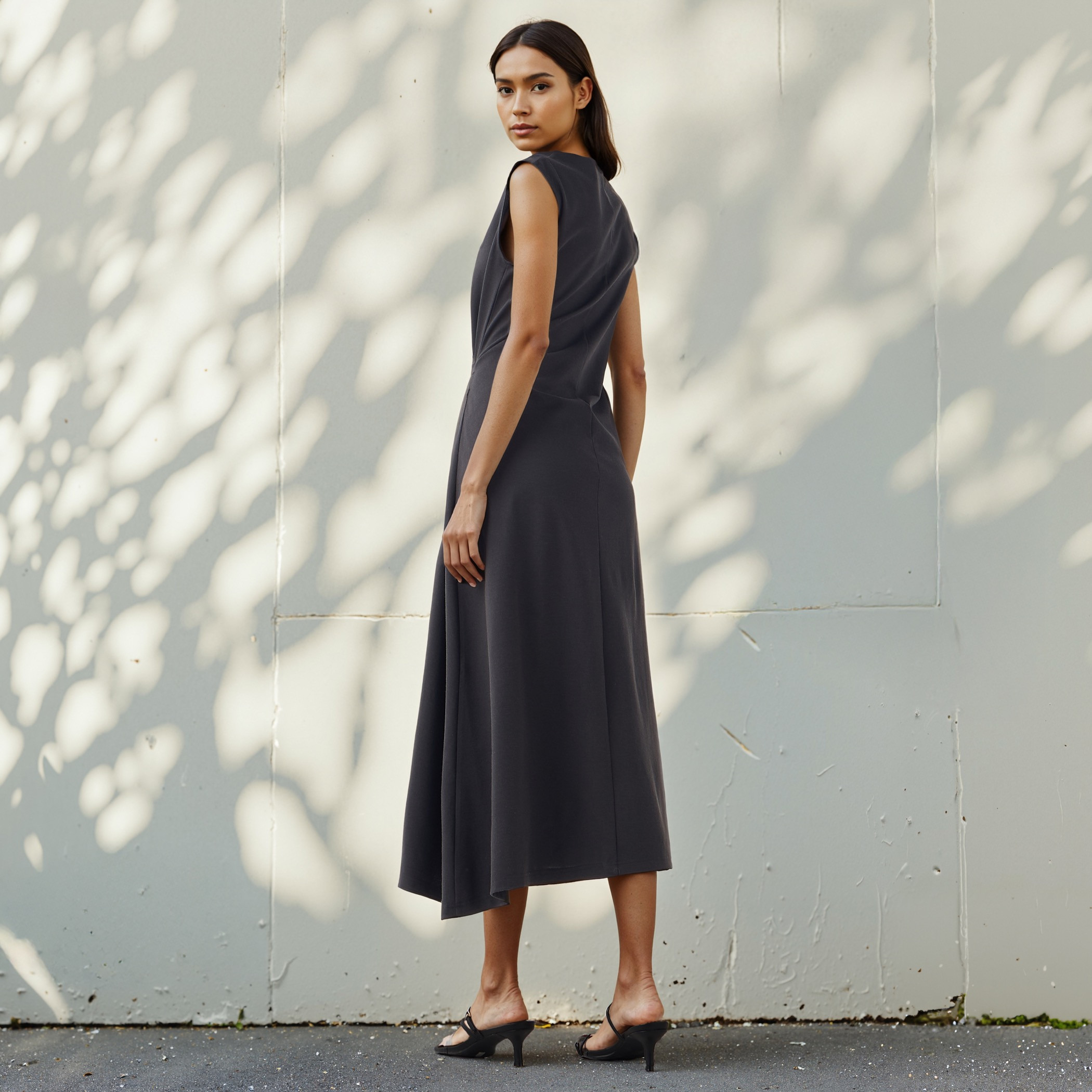 Sleeveless A-line Dress with Metal Accent Detail and Assymetrical Hem-women-clothing-dresses-image-3