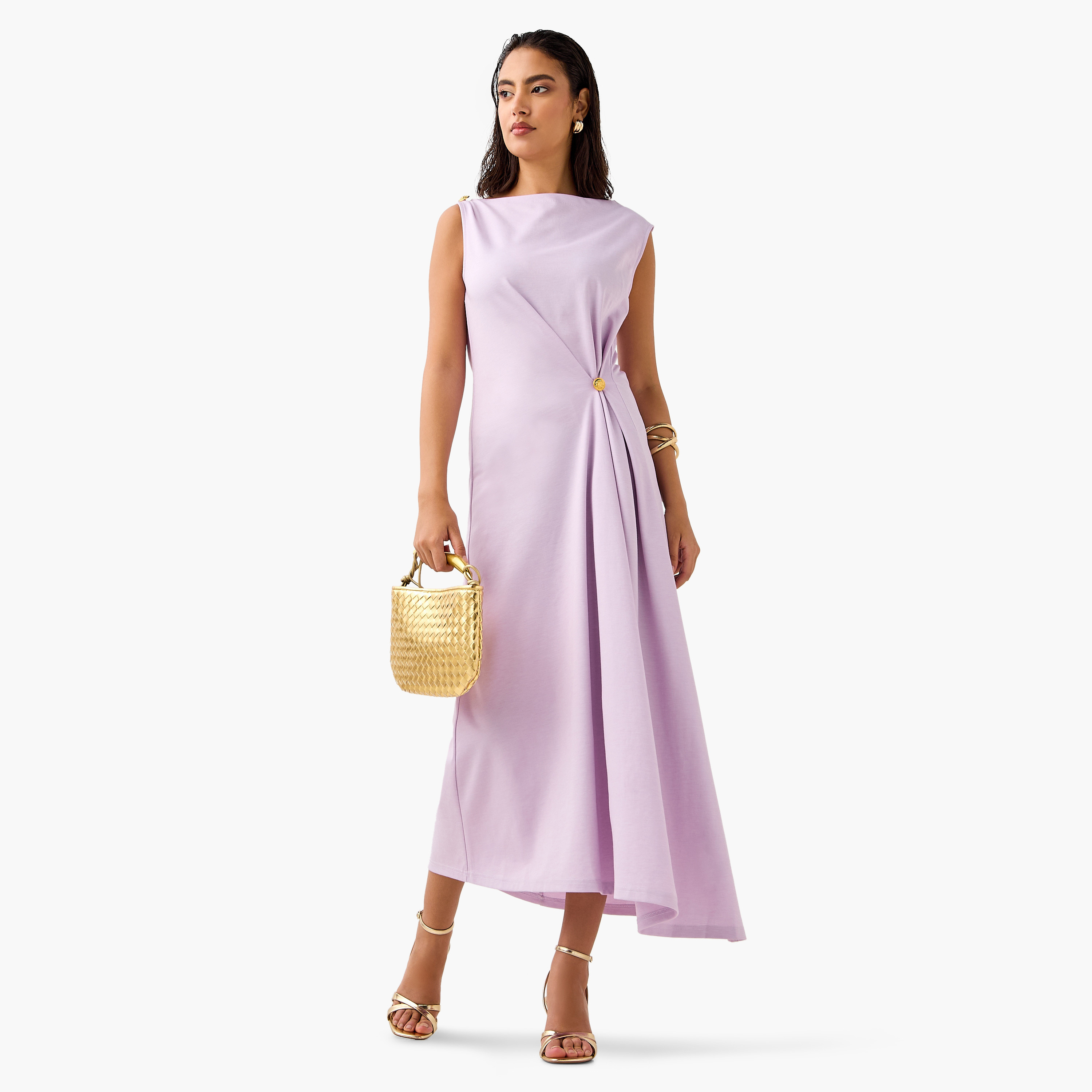 Sleeveless A-line Dress with Metal Accent Detail and Assymetrical Hem-women-clothing-dresses-image-1