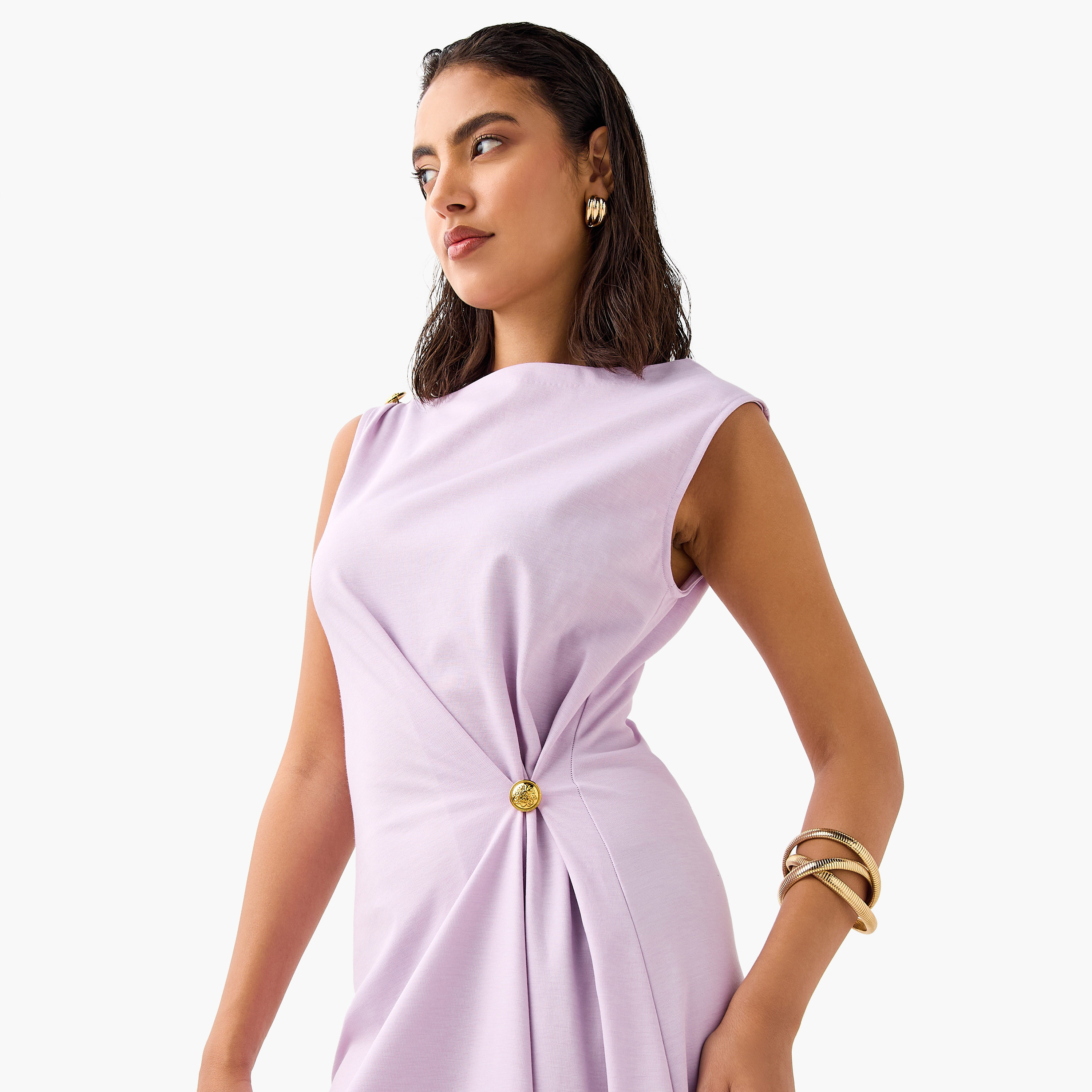 Sleeveless A-line Dress with Metal Accent Detail and Assymetrical Hem-women-clothing-dresses-image-4