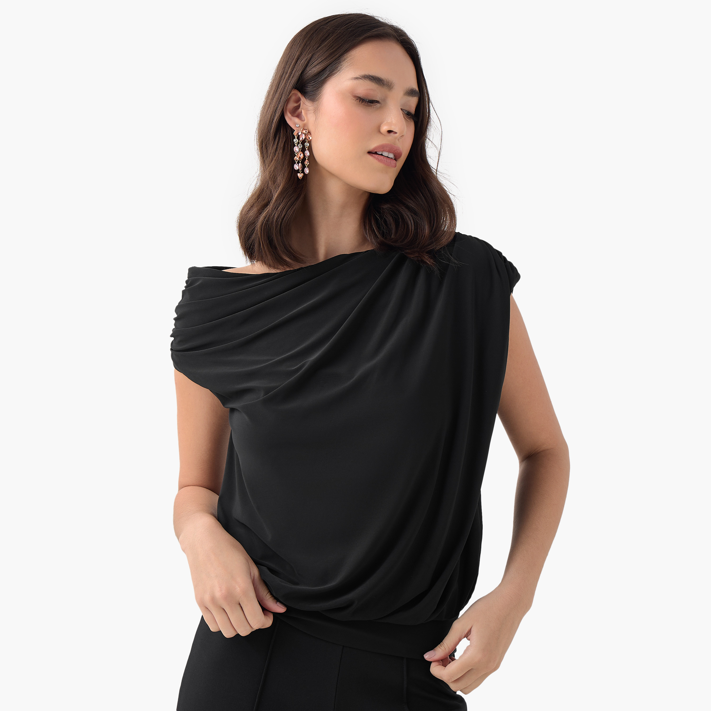 Cowl Neck Top with Short Sleeves and Ruched Detail-women-clothing-shirtsandblouses-blouses-image-1