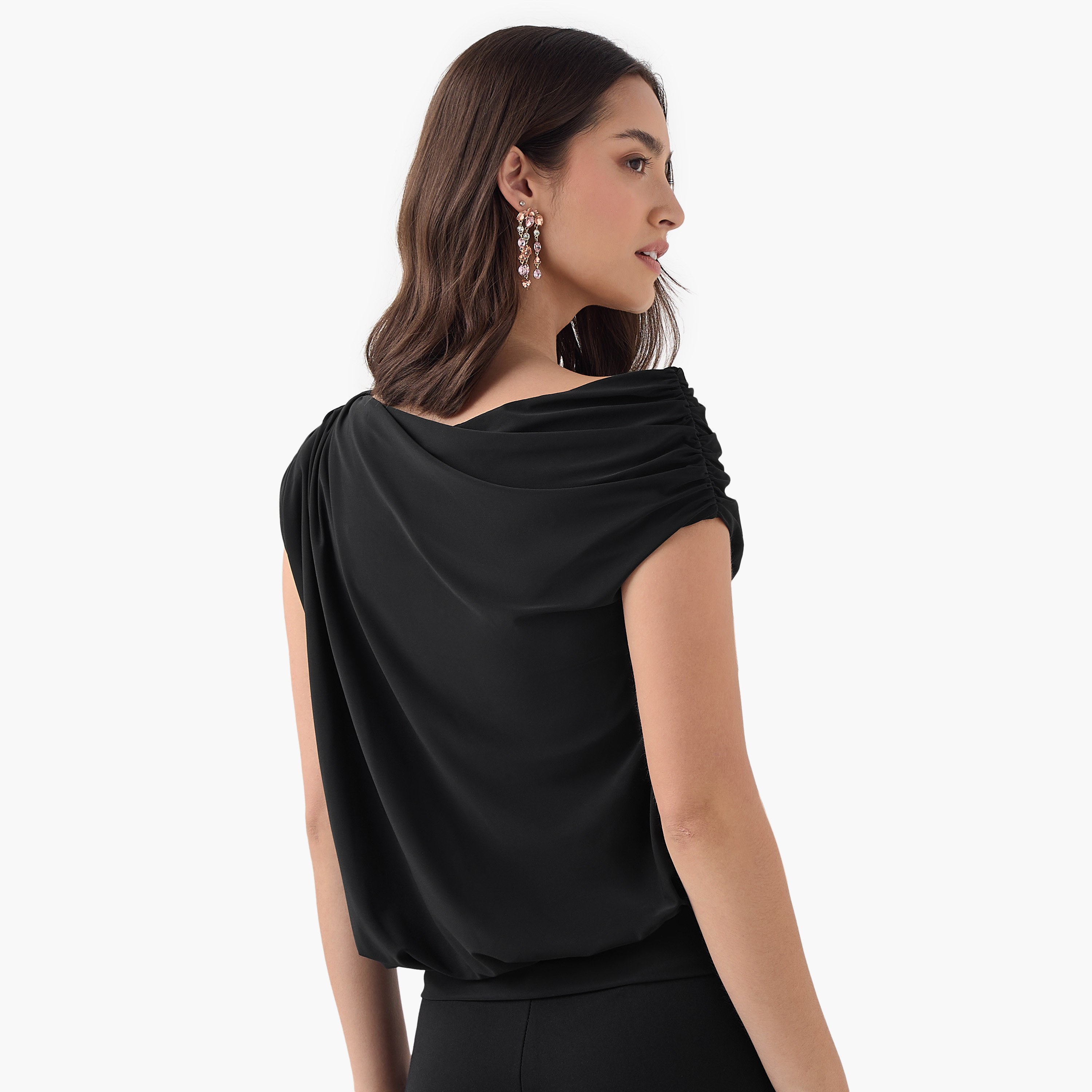 Cowl Neck Top with Short Sleeves and Ruched Detail-women-clothing-shirtsandblouses-blouses-image-3