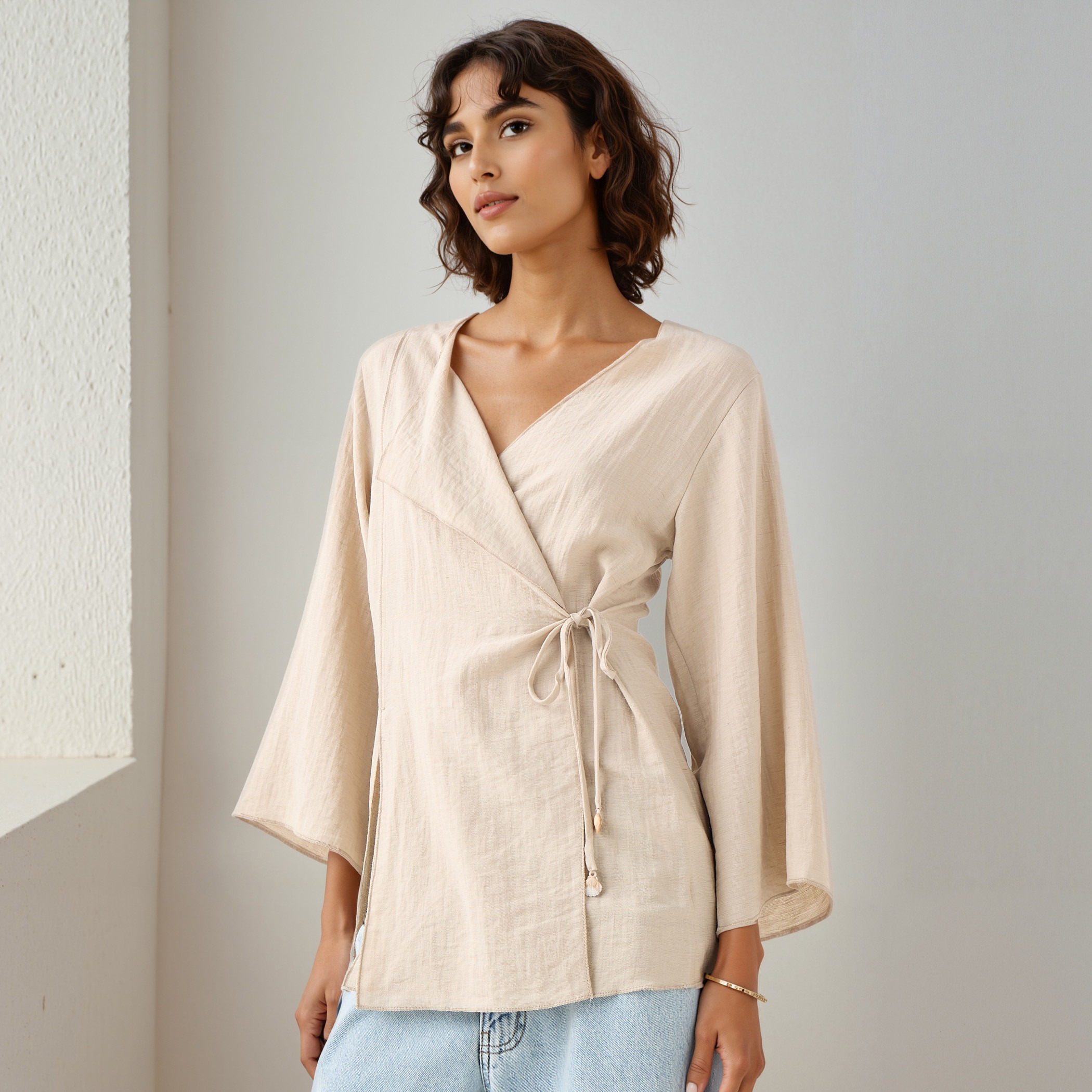 Lapel Collar Linen Blend Wrap Top with Tie-Up Detail-women-clothing-shirtsandblouses-blouses-image-1