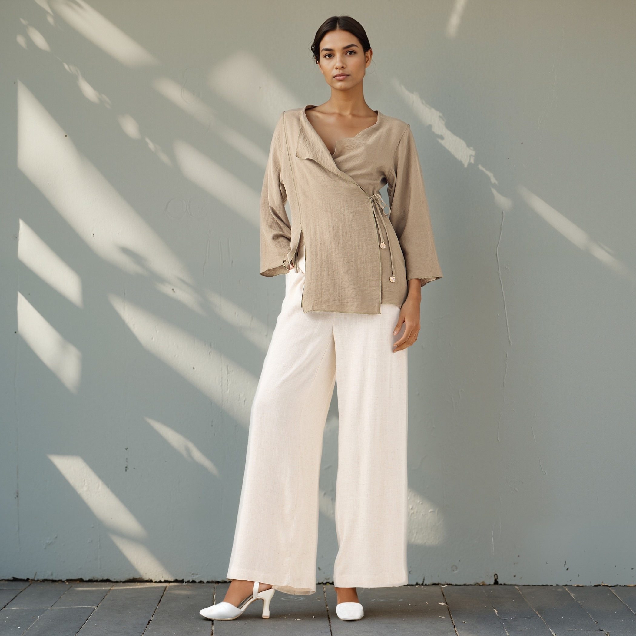Lapel Collar Linen Blend Wrap Top with Tie-Up Detail-women-clothing-shirtsandblouses-blouses-image-2