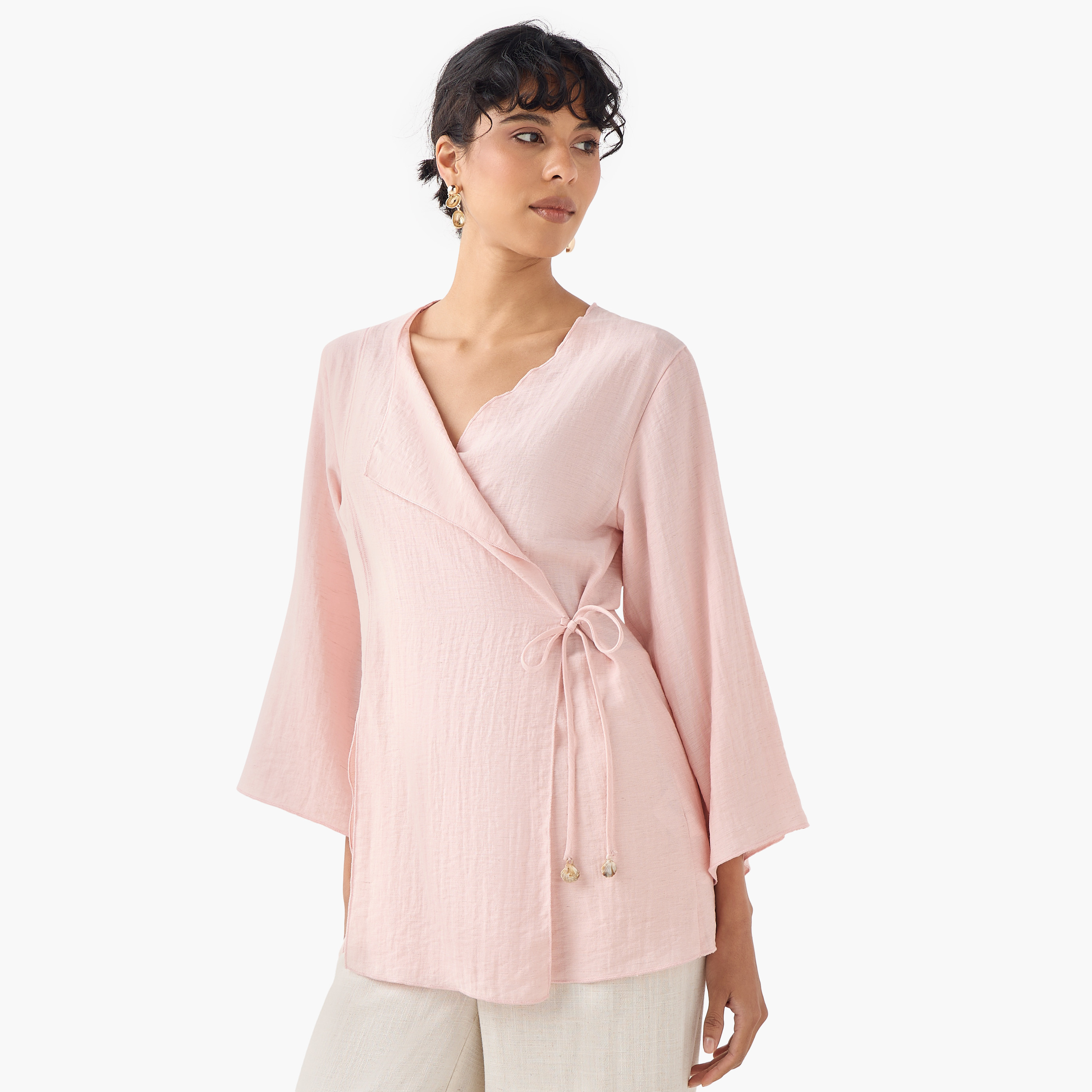 بلوزة لف بياقة مطوية من مزيج الكتان مع تفاصيل رباط-women-clothing-shirtsandblouses-blouses-image-1