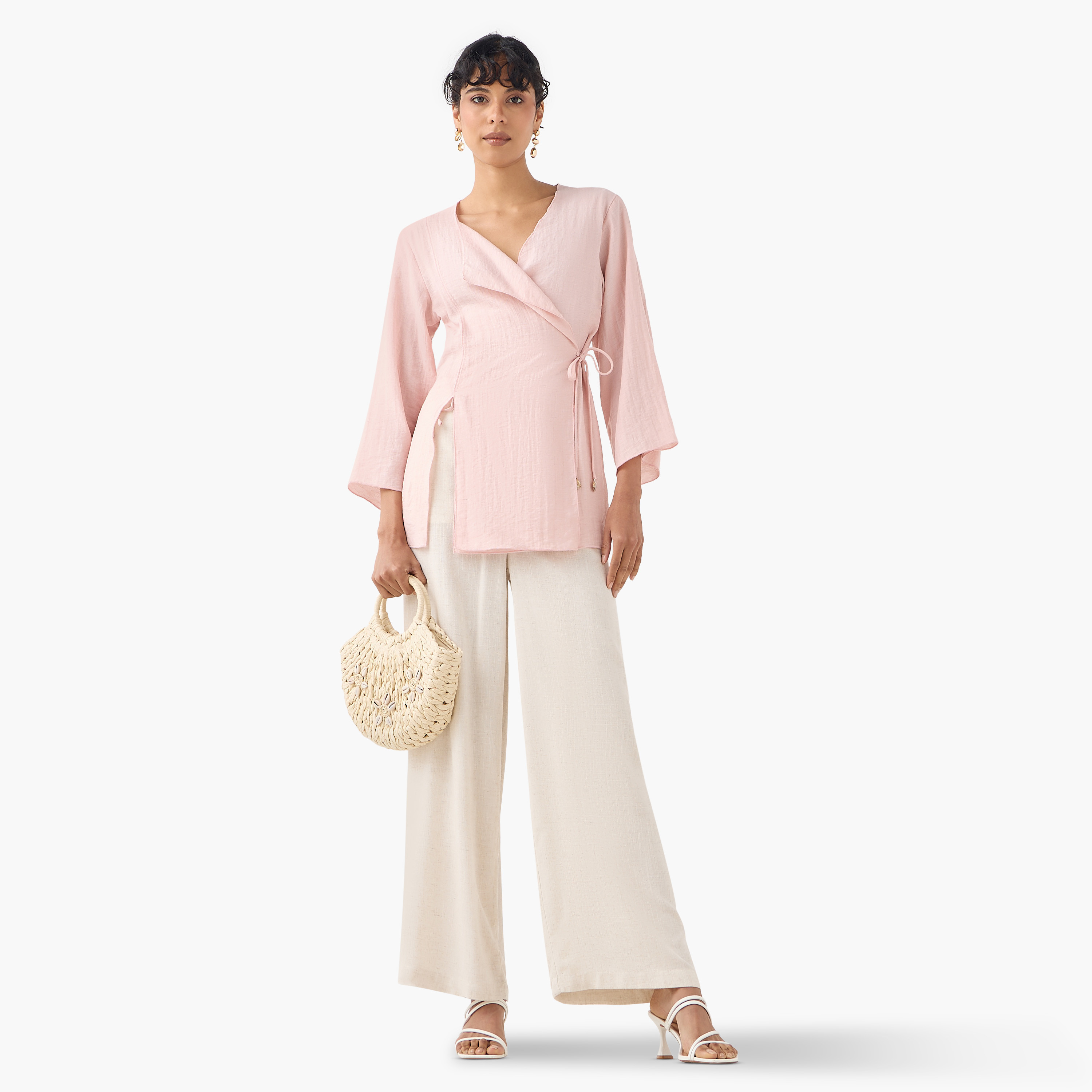 بلوزة لف بياقة مطوية من مزيج الكتان مع تفاصيل رباط-women-clothing-shirtsandblouses-blouses-image-2