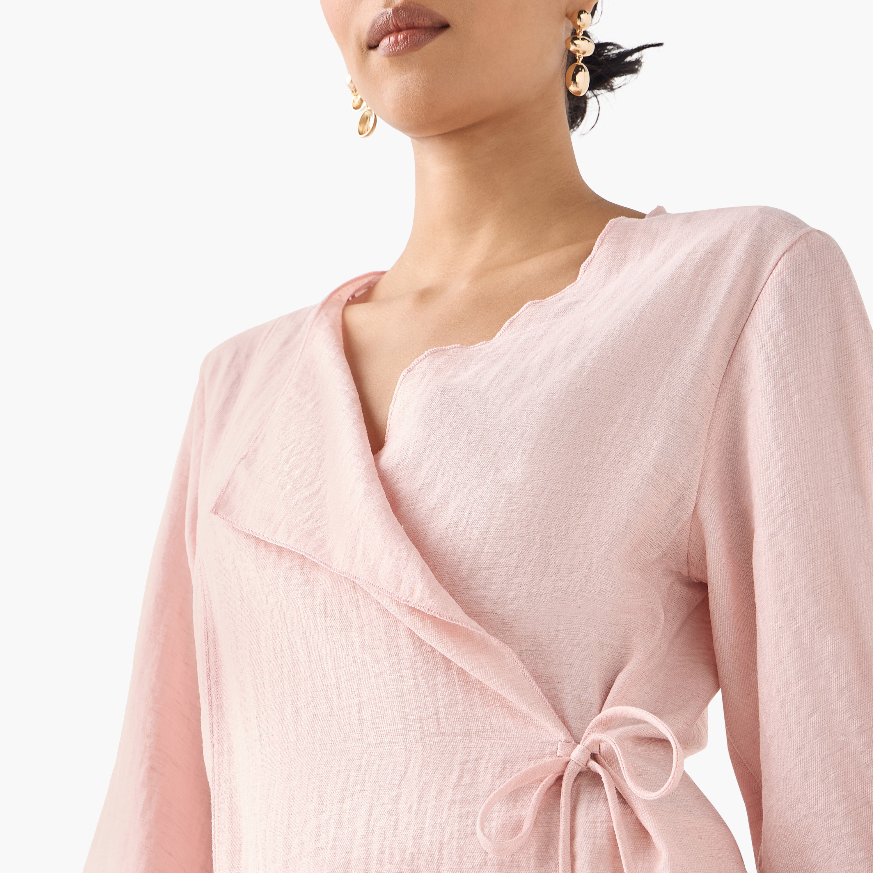 بلوزة لف بياقة مطوية من مزيج الكتان مع تفاصيل رباط-women-clothing-shirtsandblouses-blouses-image-4