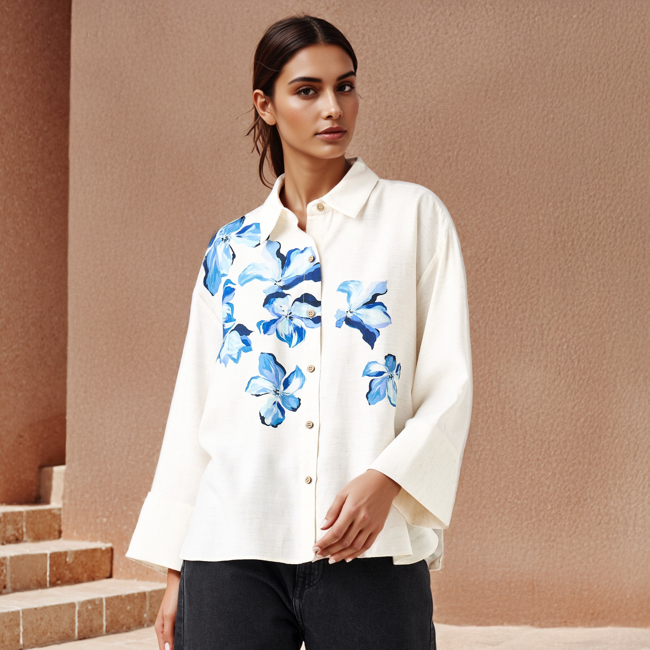 Floral Print Linen Blend Shirt with Long Sleeves-women-clothing-shirtsandblouses-shirts-image-1