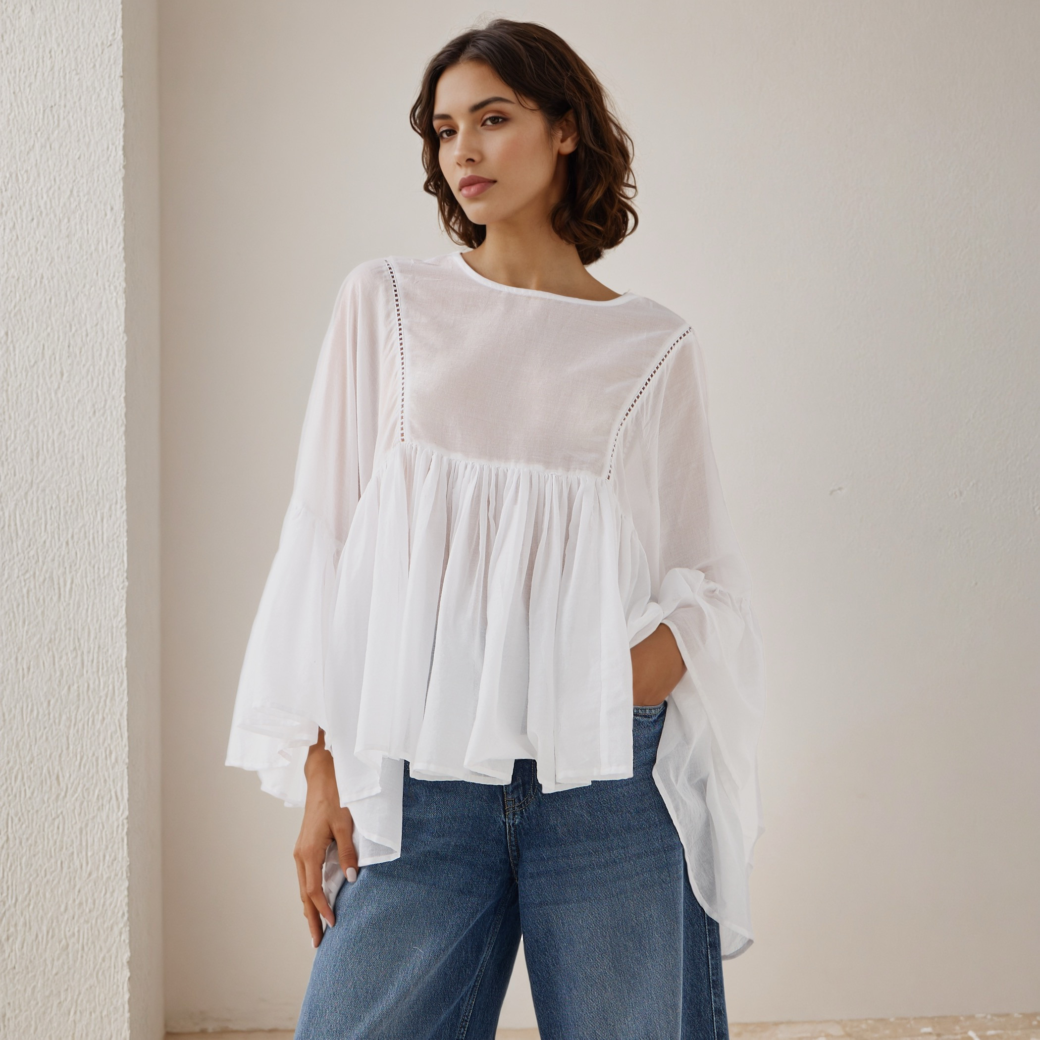 Lace Detail Cotton Top with Flared Sleeves-women-clothing-shirtsandblouses-blouses-image-1