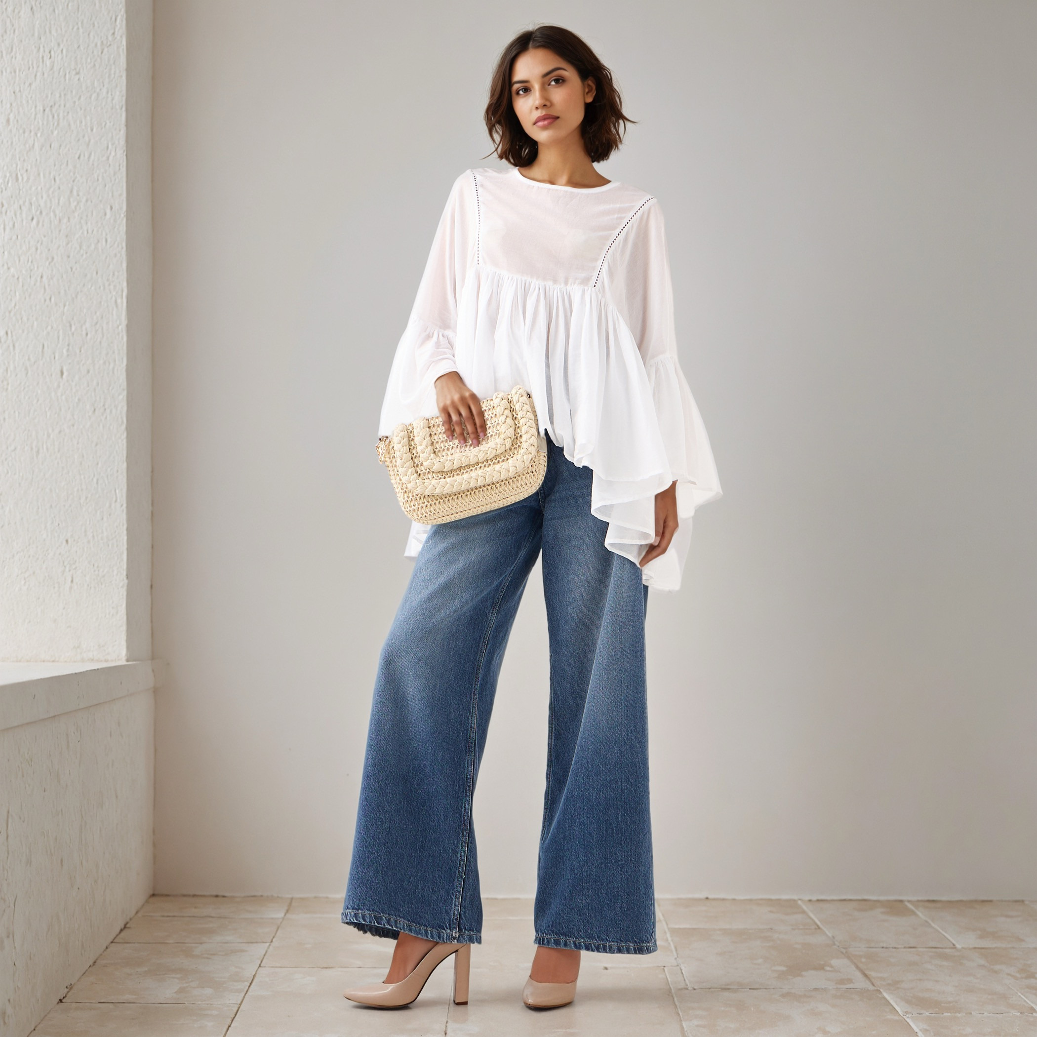 Lace Detail Cotton Top with Flared Sleeves-women-clothing-shirtsandblouses-blouses-image-2