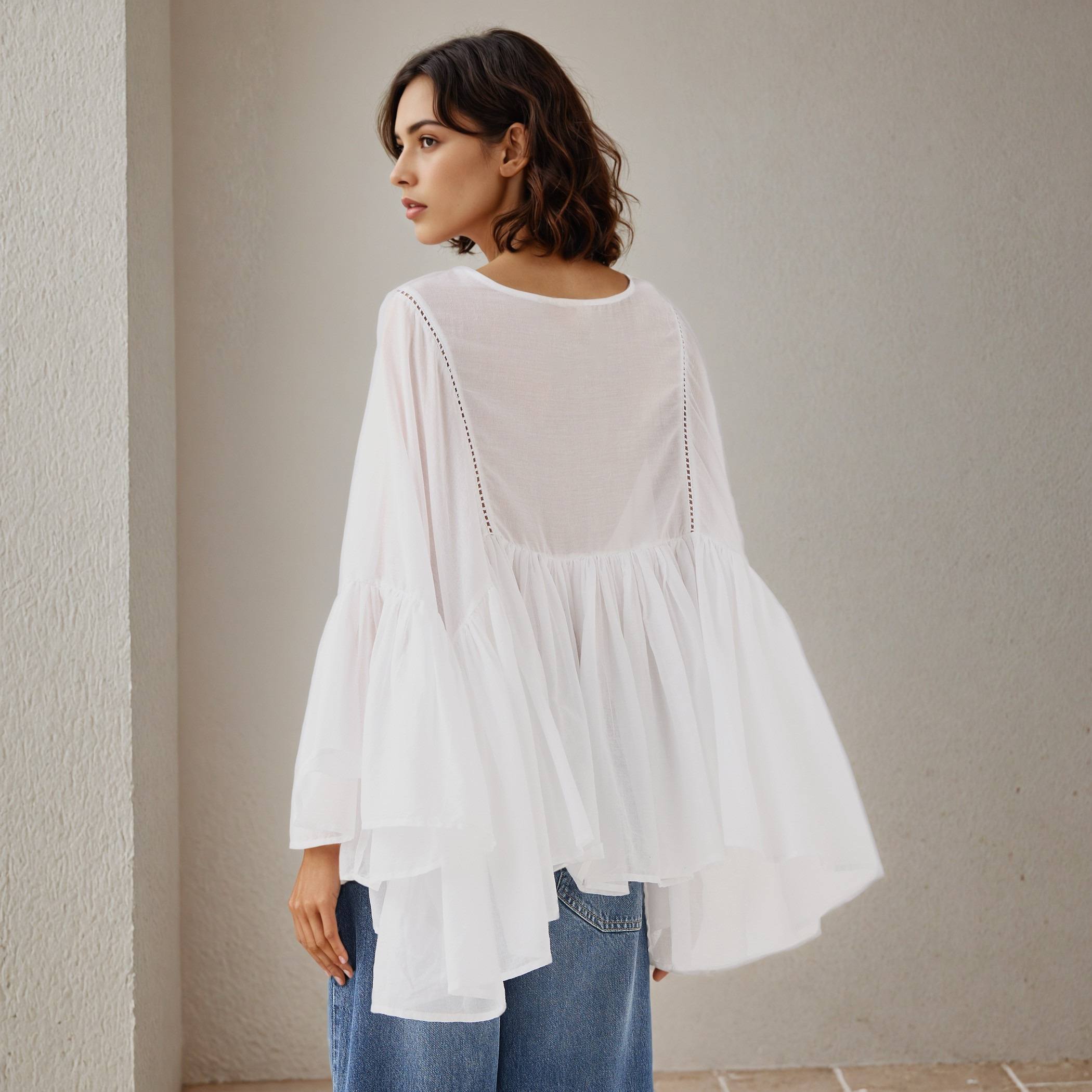 Lace Detail Cotton Top with Flared Sleeves-women-clothing-shirtsandblouses-blouses-image-3