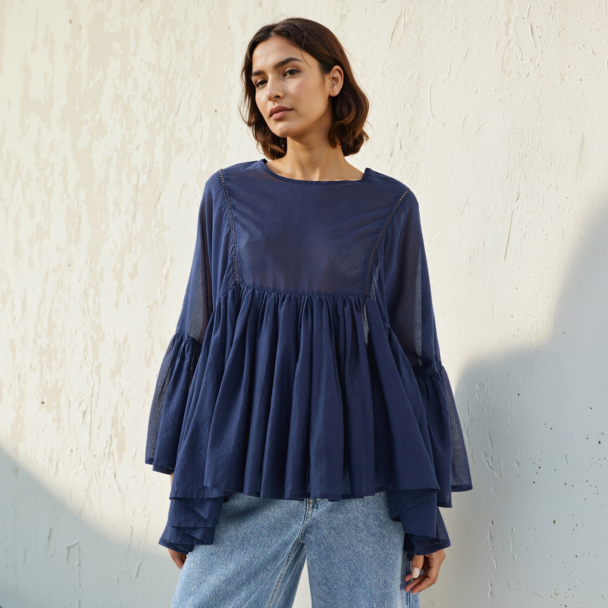 Lace Detail Cotton Top with Flared Sleeves-women-clothing-shirtsandblouses-blouses-image-1