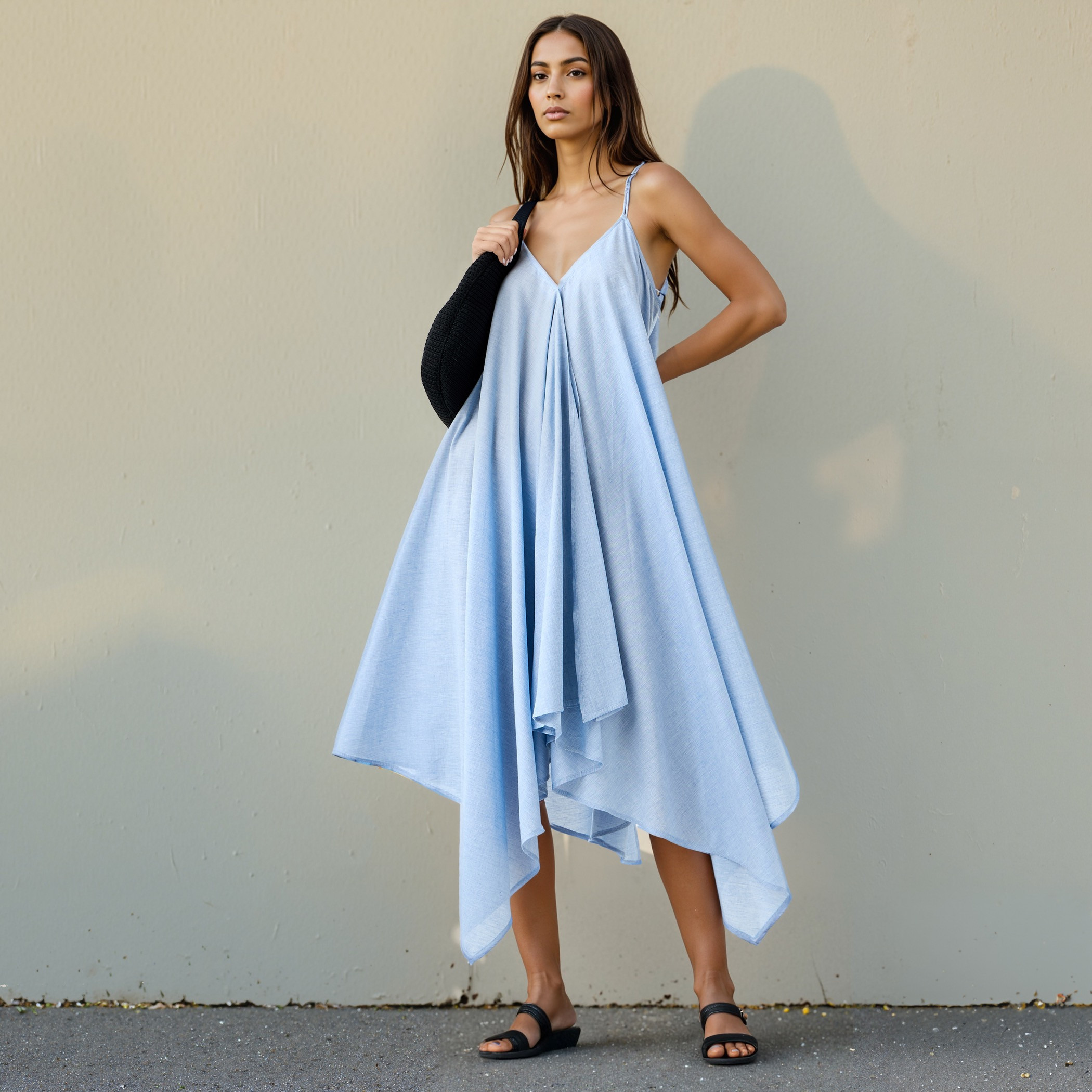 Asymmetric Chambray Midi Cotton Dress with Spaghetti Straps-women-clothing-dresses-image-1