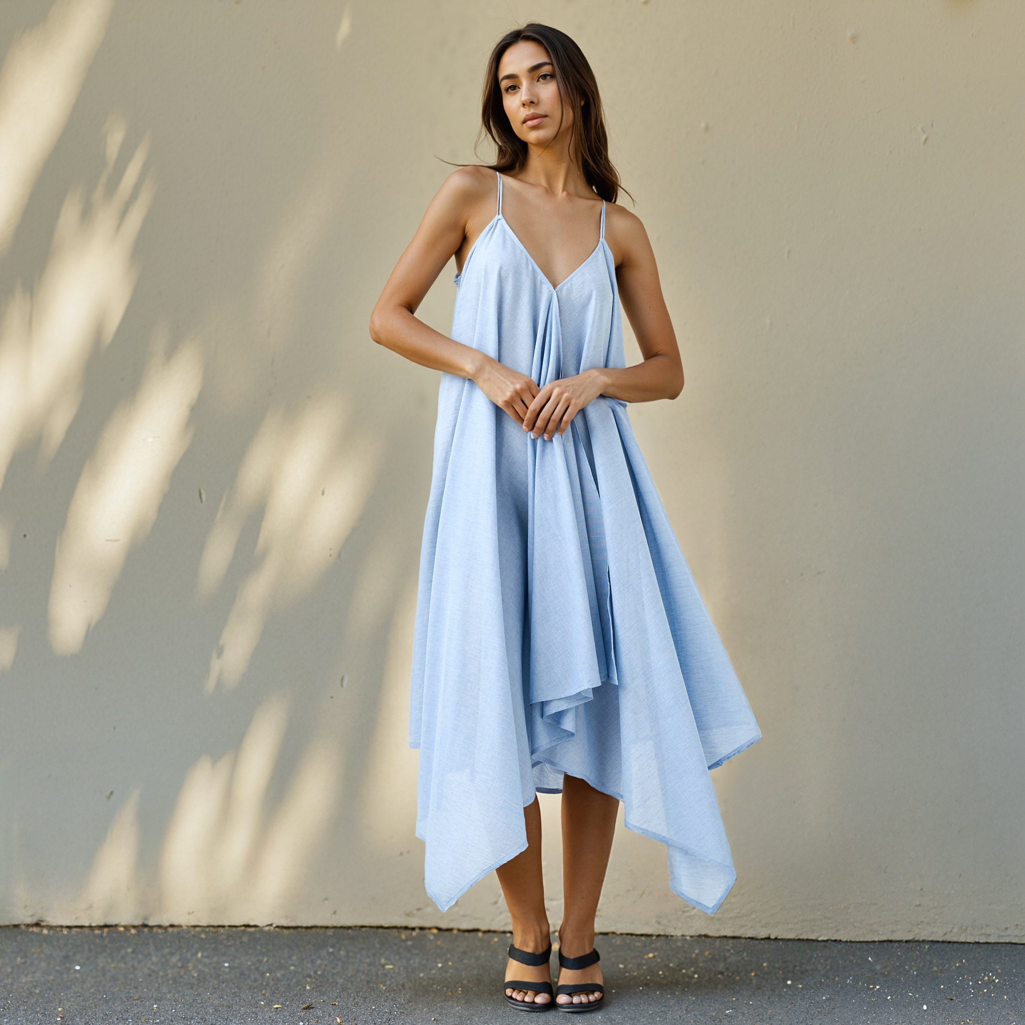 Asymmetric Chambray Midi Cotton Dress with Spaghetti Straps-women-clothing-dresses-image-2