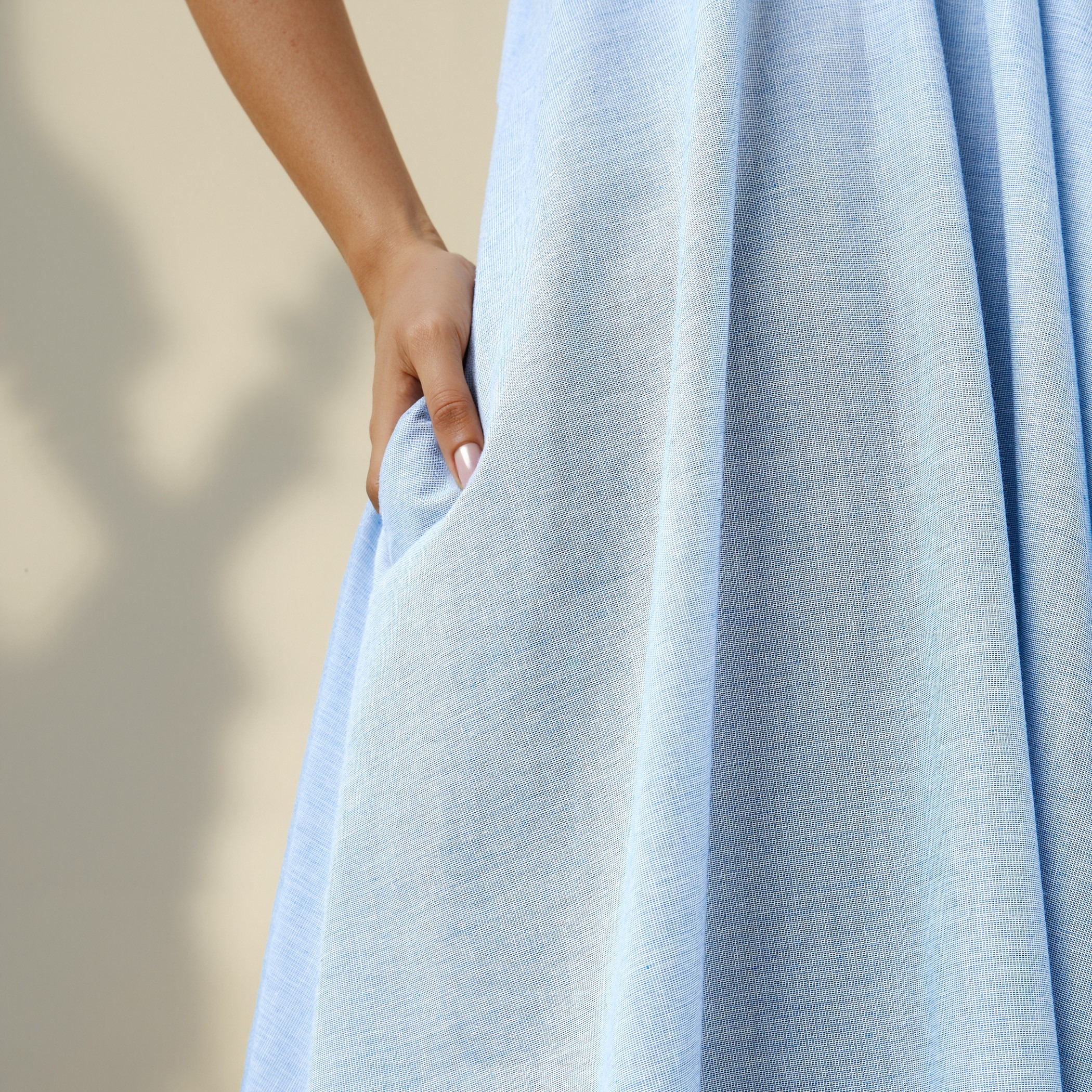 Asymmetric Chambray Midi Cotton Dress with Spaghetti Straps-women-clothing-dresses-image-5