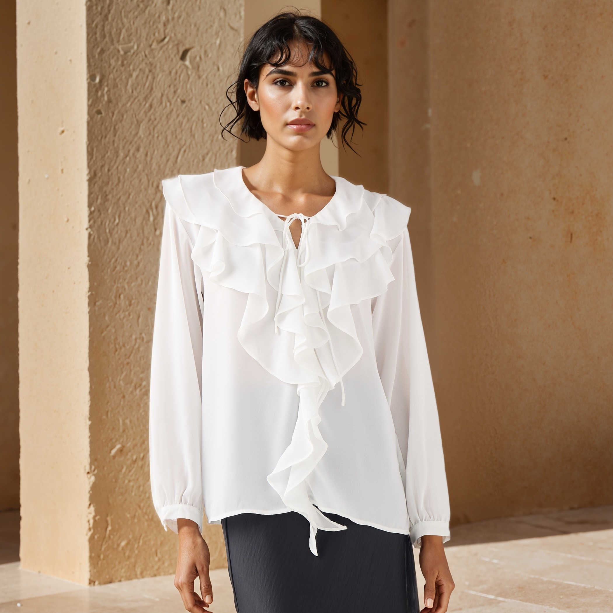 Ruffle Detail Top with Tie-Up Neck and Long Sleeves-women-clothing-shirtsandblouses-blouses-image-1