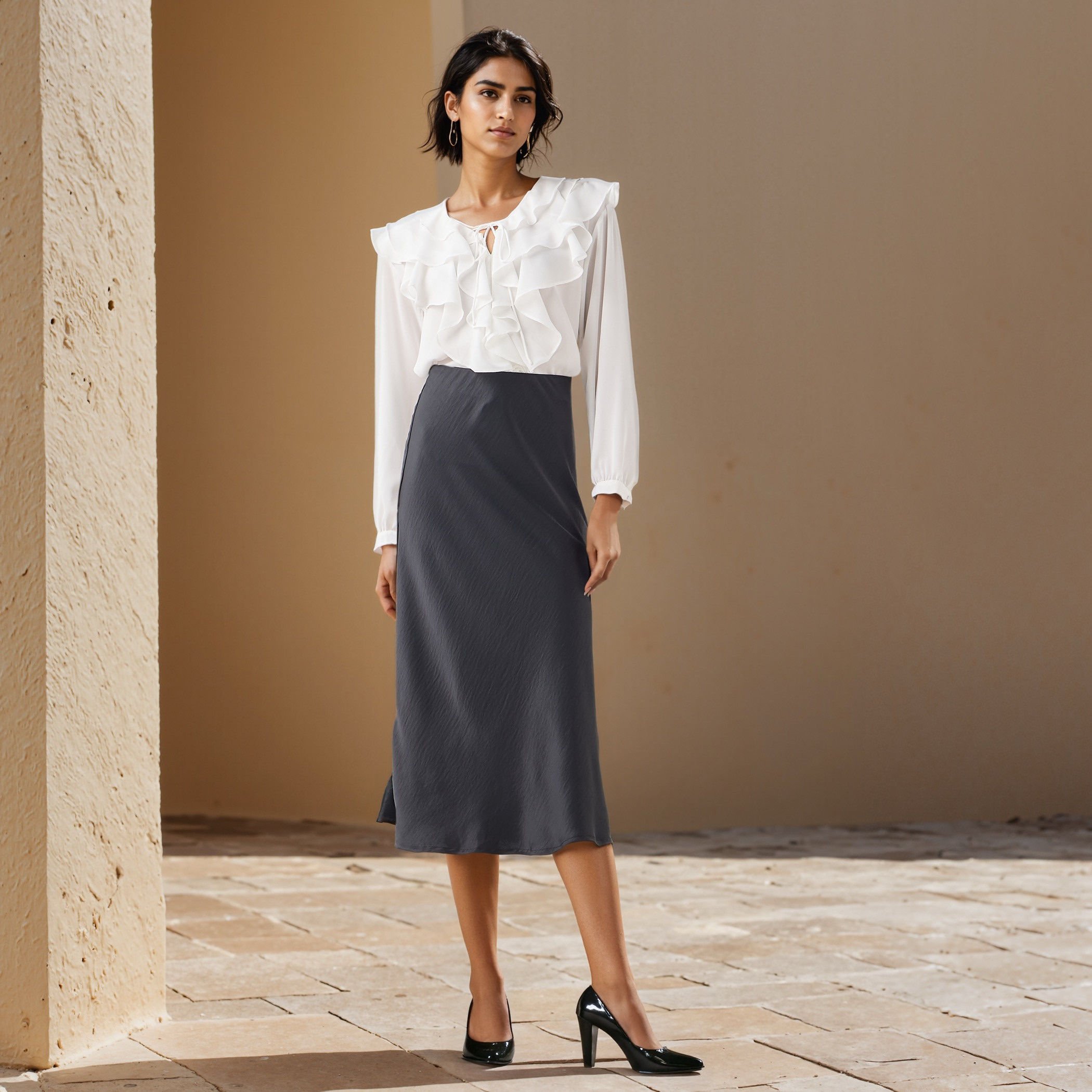Ruffle Detail Top with Tie-Up Neck and Long Sleeves-women-clothing-shirtsandblouses-blouses-image-2