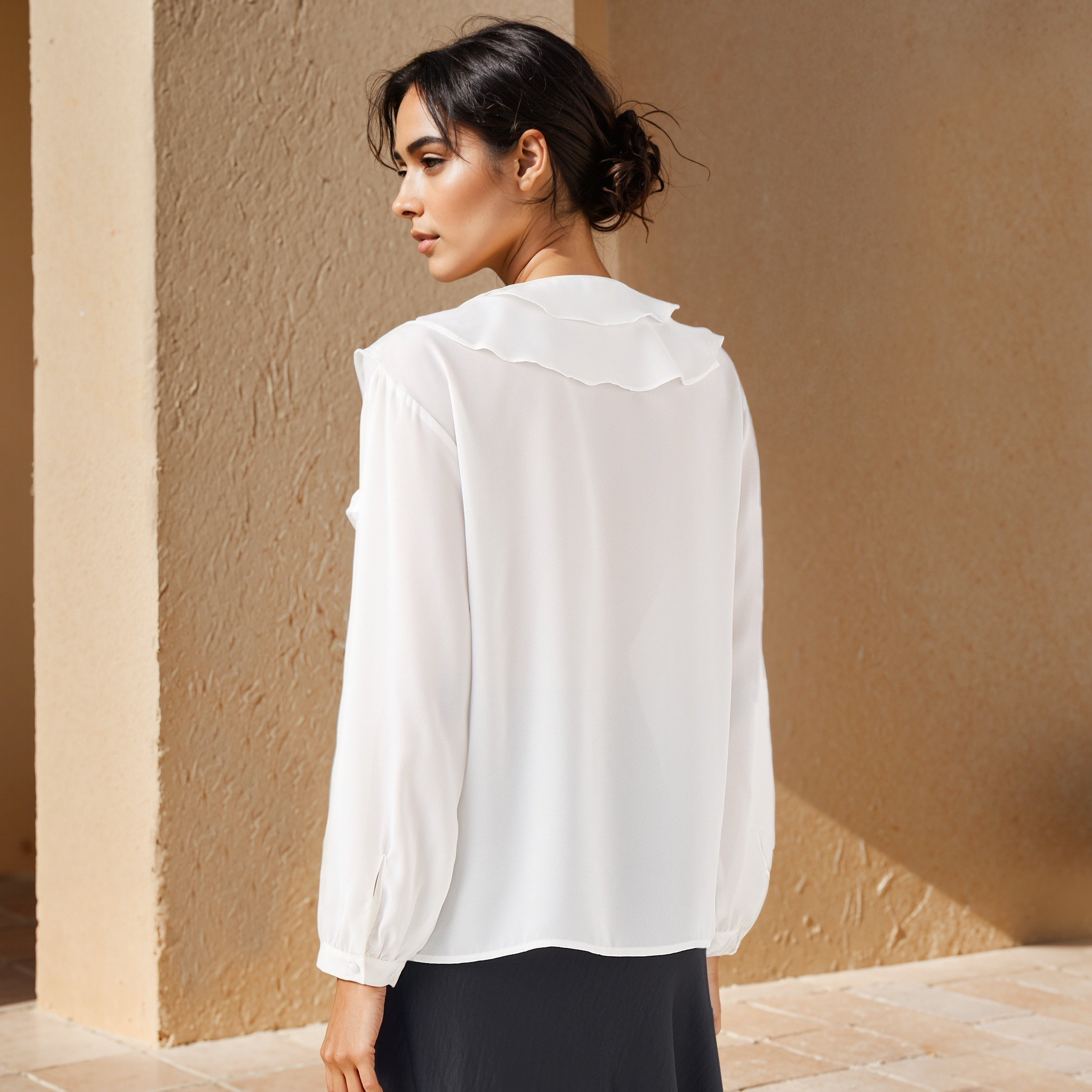 Ruffle Detail Top with Tie-Up Neck and Long Sleeves-women-clothing-shirtsandblouses-blouses-image-3