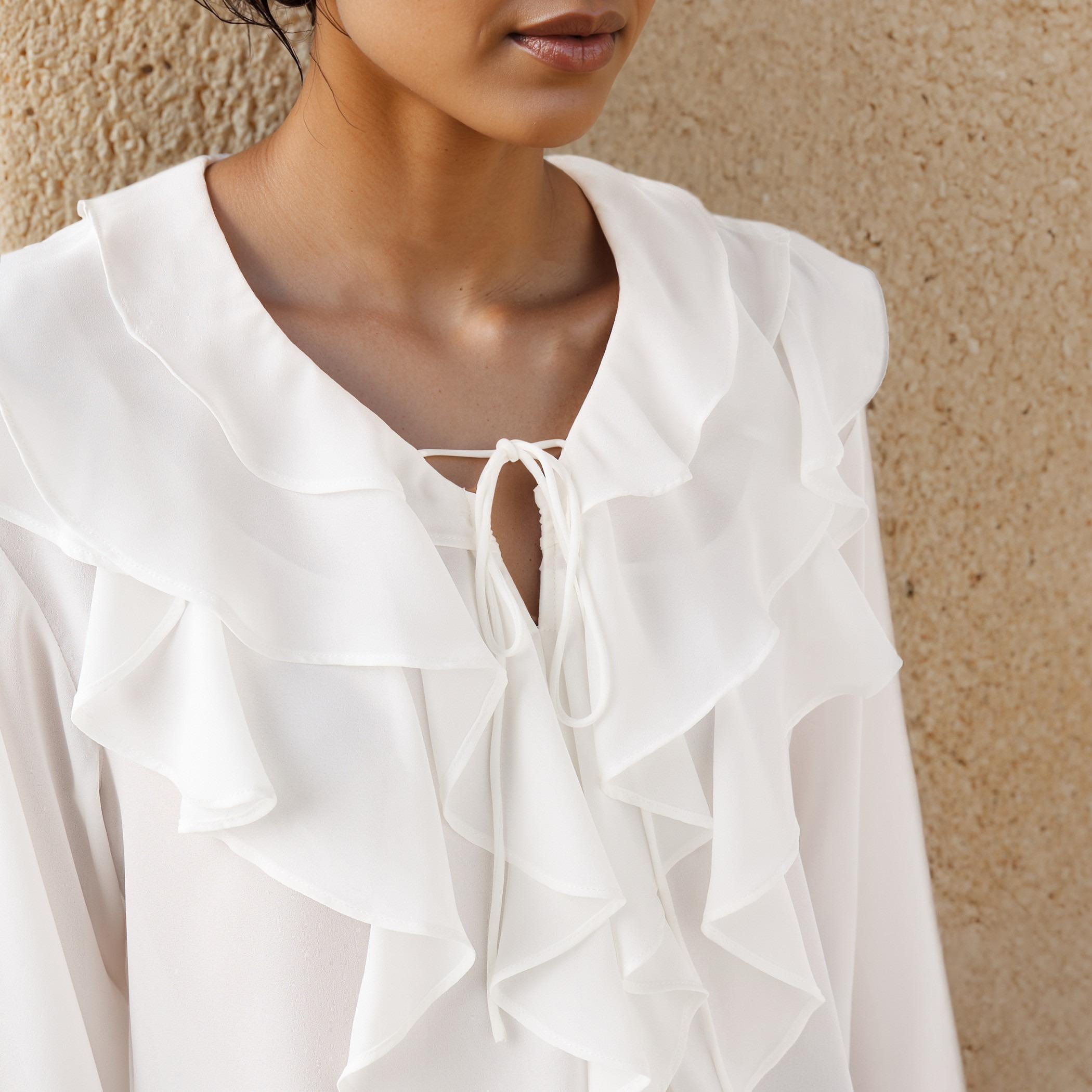 Ruffle Detail Top with Tie-Up Neck and Long Sleeves-women-clothing-shirtsandblouses-blouses-image-4