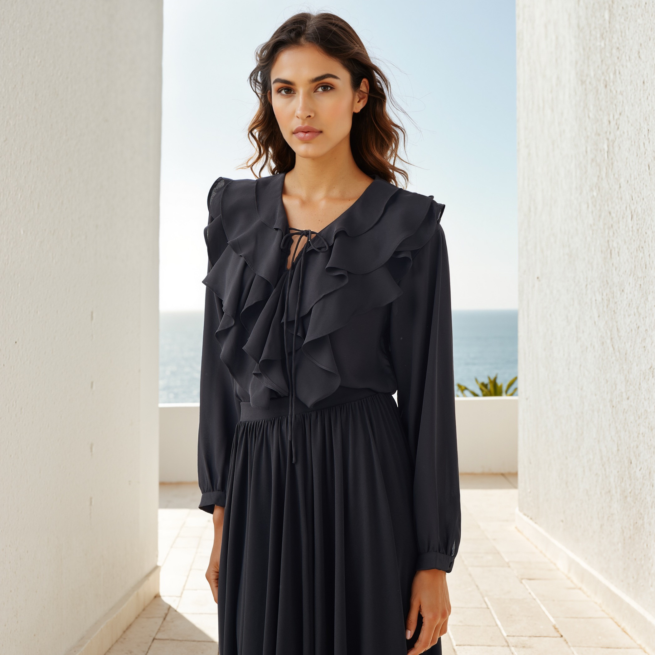 Ruffle Detail Top with Tie-Up Neck and Long Sleeves-women-clothing-shirtsandblouses-blouses-image-1
