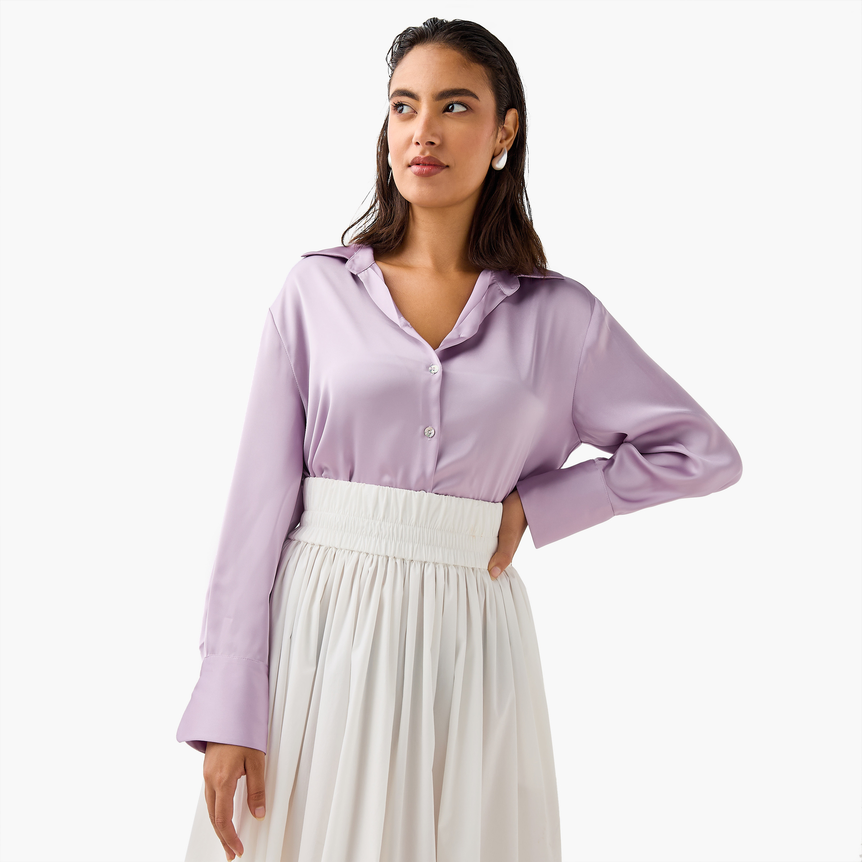 Regular Fit Satin Shirt with Collar and Long Sleeves-women-clothing-shirtsandblouses-shirts-image-1