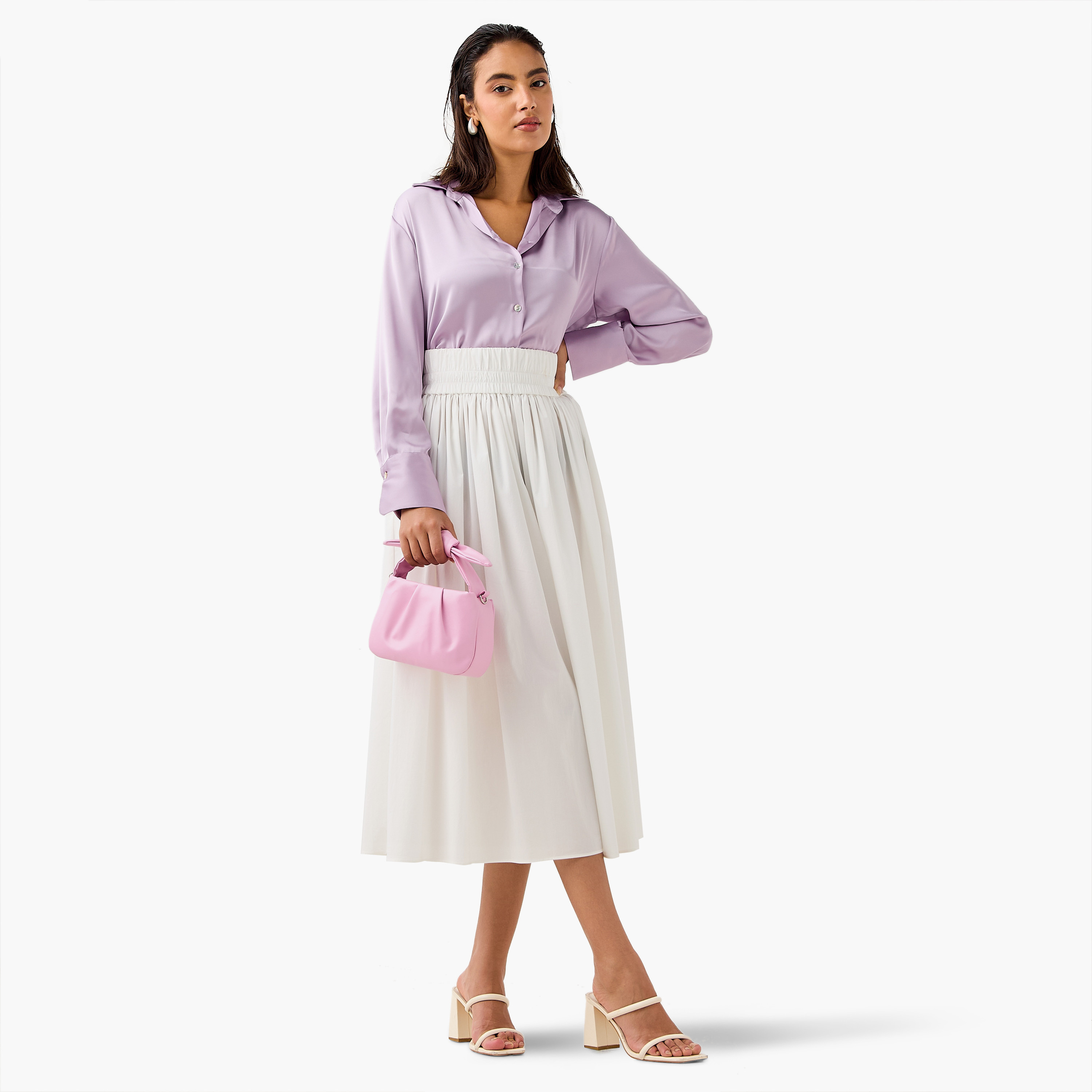 Regular Fit Satin Shirt with Collar and Long Sleeves-women-clothing-shirtsandblouses-shirts-image-2