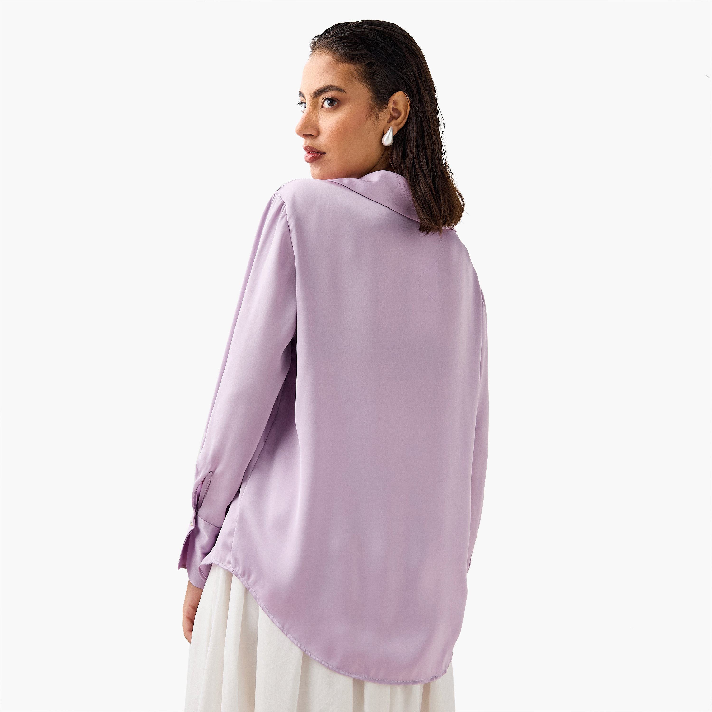 Regular Fit Satin Shirt with Collar and Long Sleeves-women-clothing-shirtsandblouses-shirts-image-3