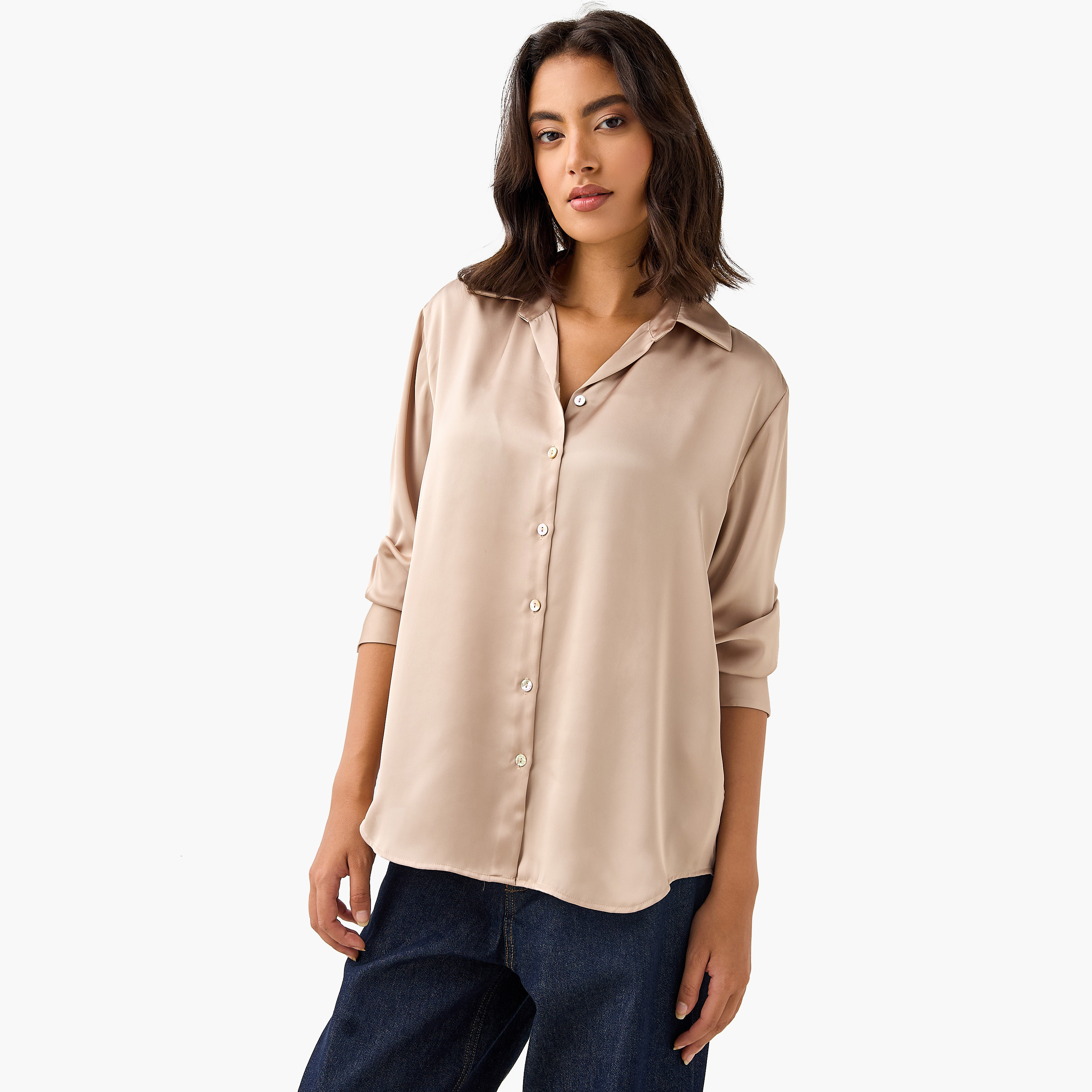 Regular Fit Satin Shirt with Collar and Long Sleeves-women-clothing-shirtsandblouses-shirts-image-1