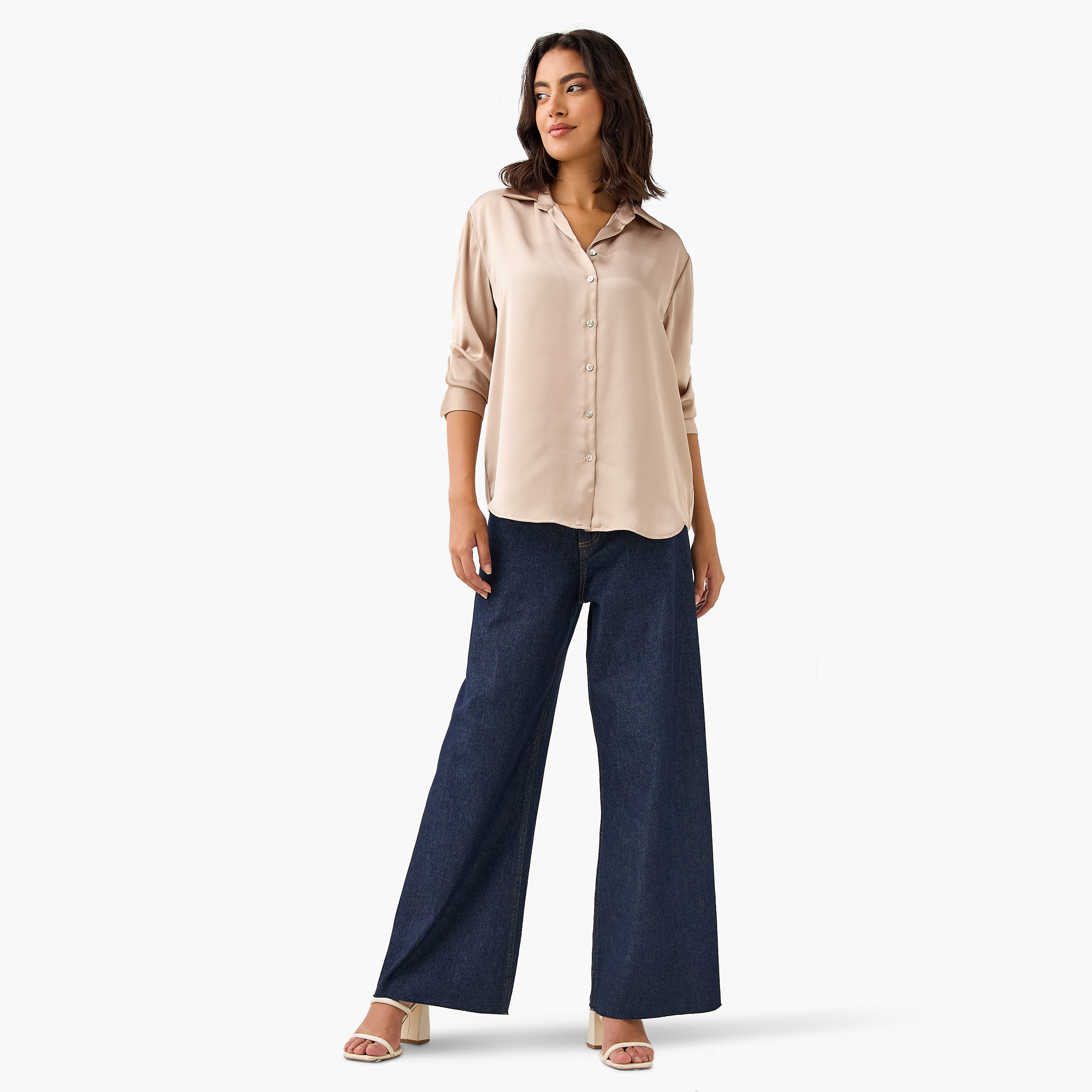 Regular Fit Satin Shirt with Collar and Long Sleeves-women-clothing-shirtsandblouses-shirts-image-2