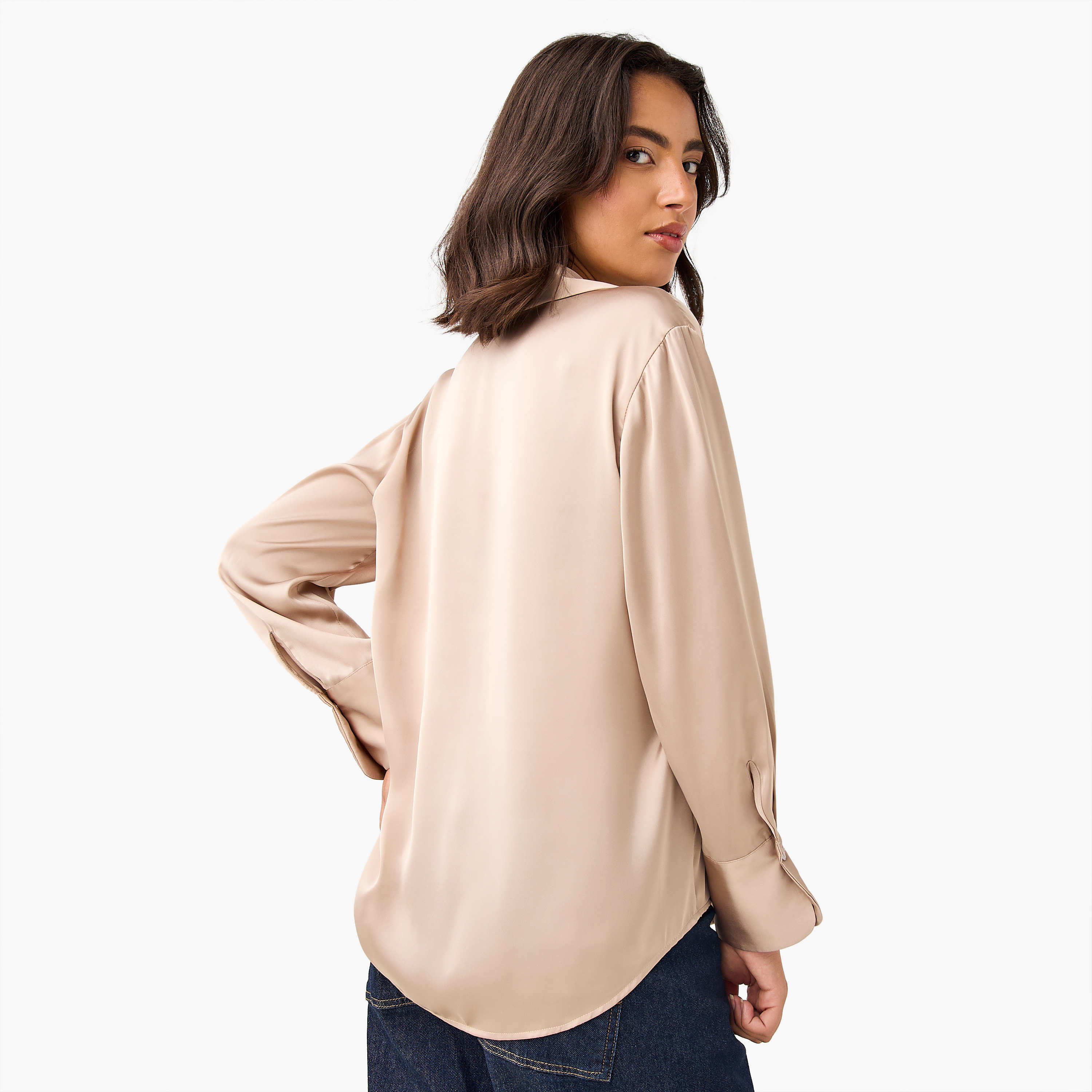 Regular Fit Satin Shirt with Collar and Long Sleeves-women-clothing-shirtsandblouses-shirts-image-3