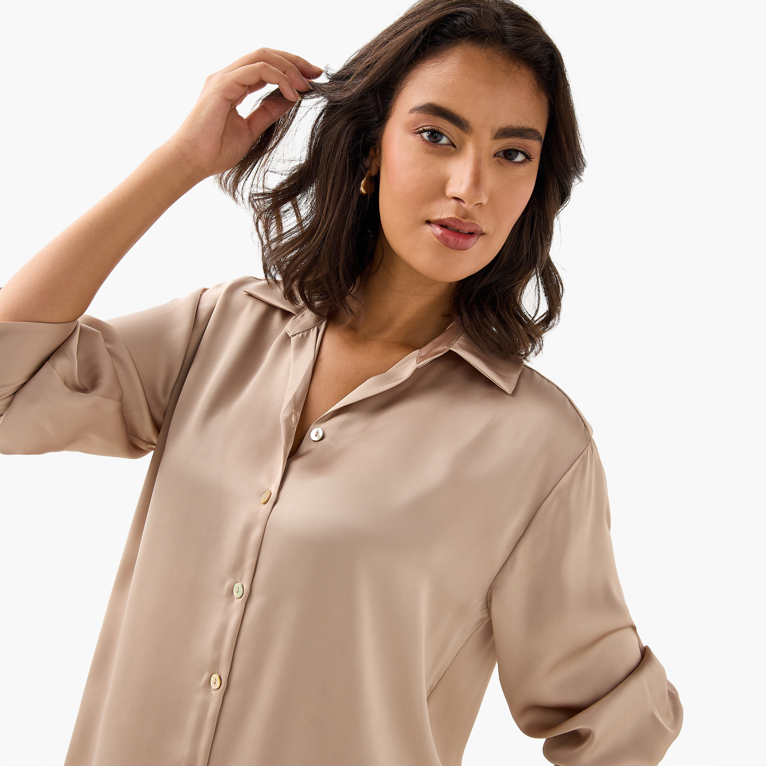 Regular Fit Satin Shirt with Collar and Long Sleeves-women-clothing-shirtsandblouses-shirts-image-4