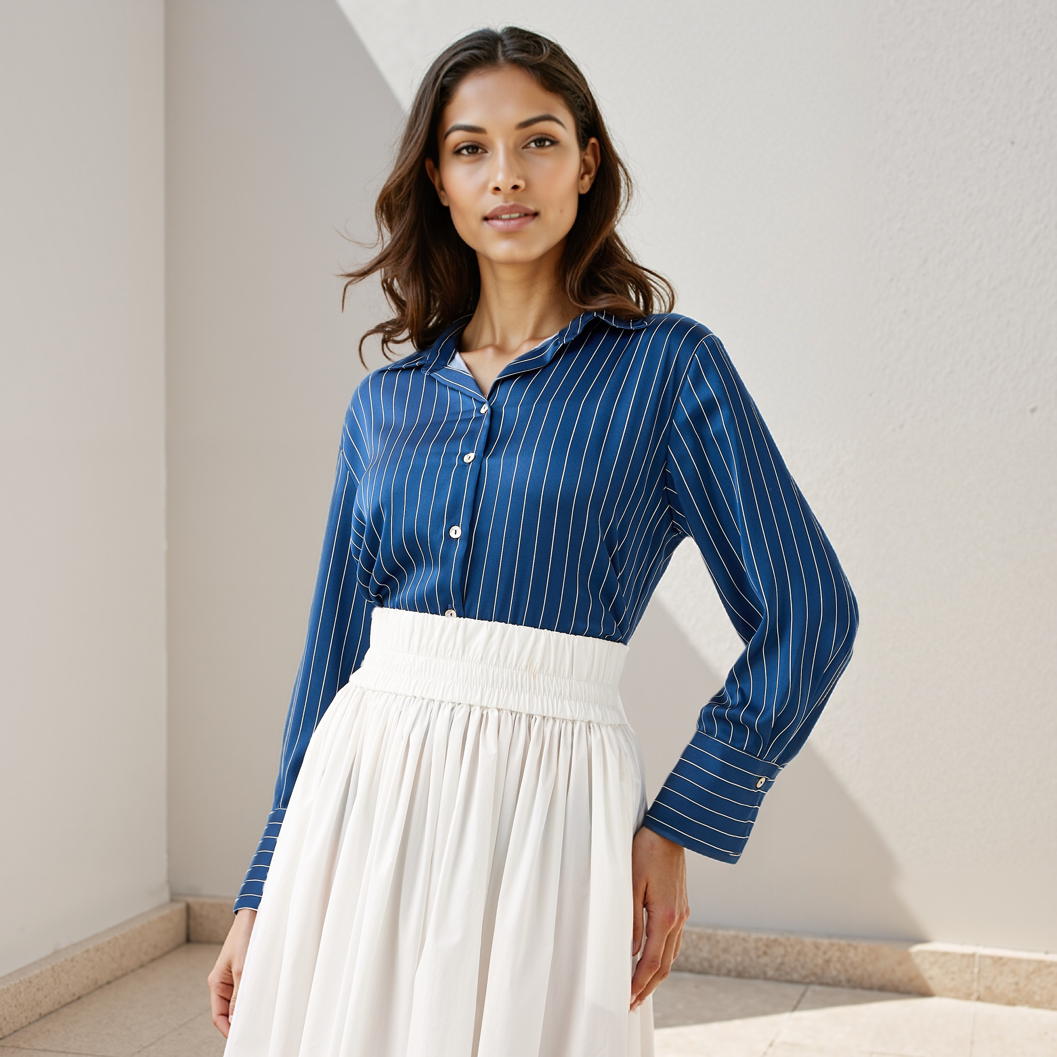 Regular Fit Striped Satin Shirt with Collar and Long Sleeves-women-clothing-shirtsandblouses-shirts-image-1