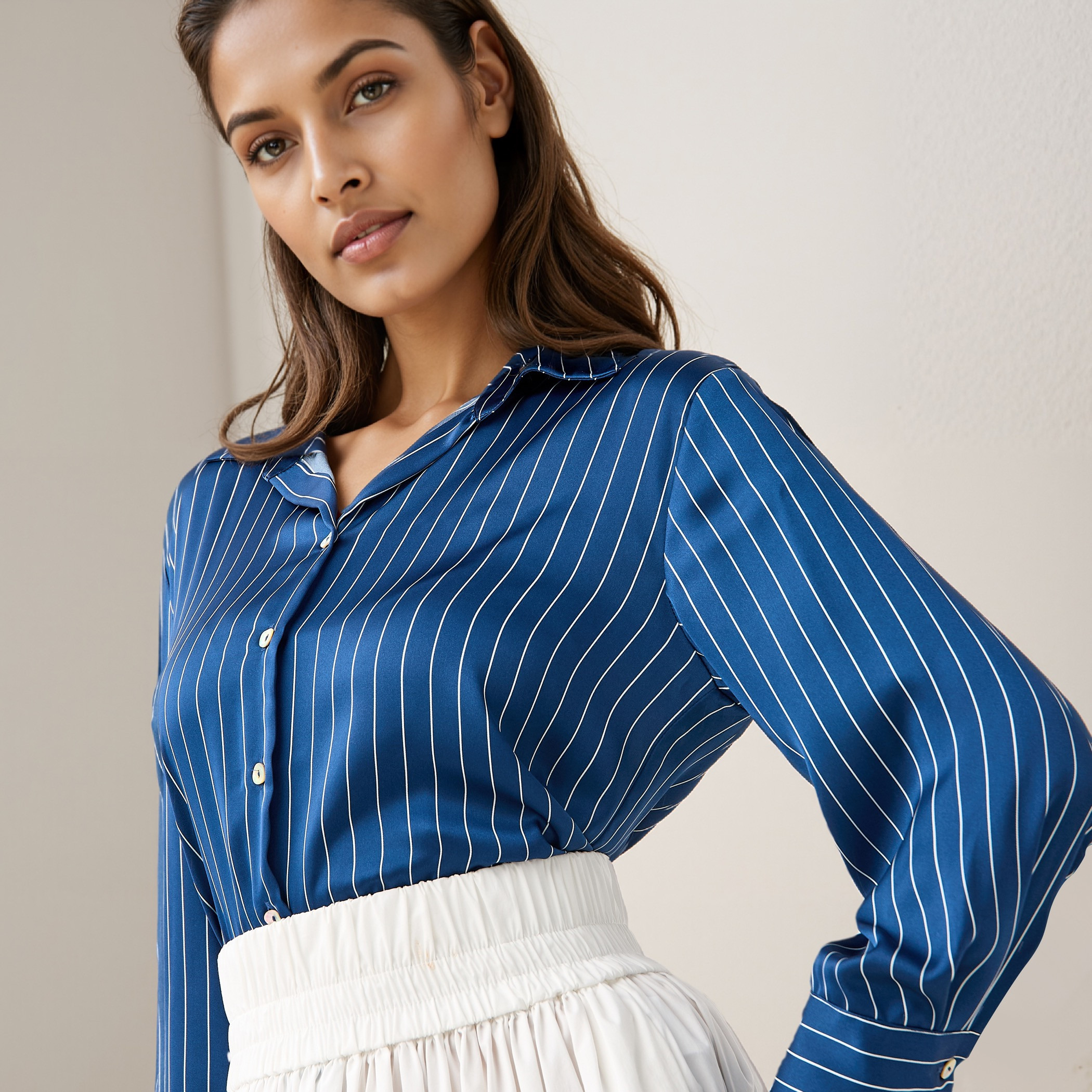 Regular Fit Striped Satin Shirt with Collar and Long Sleeves-women-clothing-shirtsandblouses-shirts-image-4