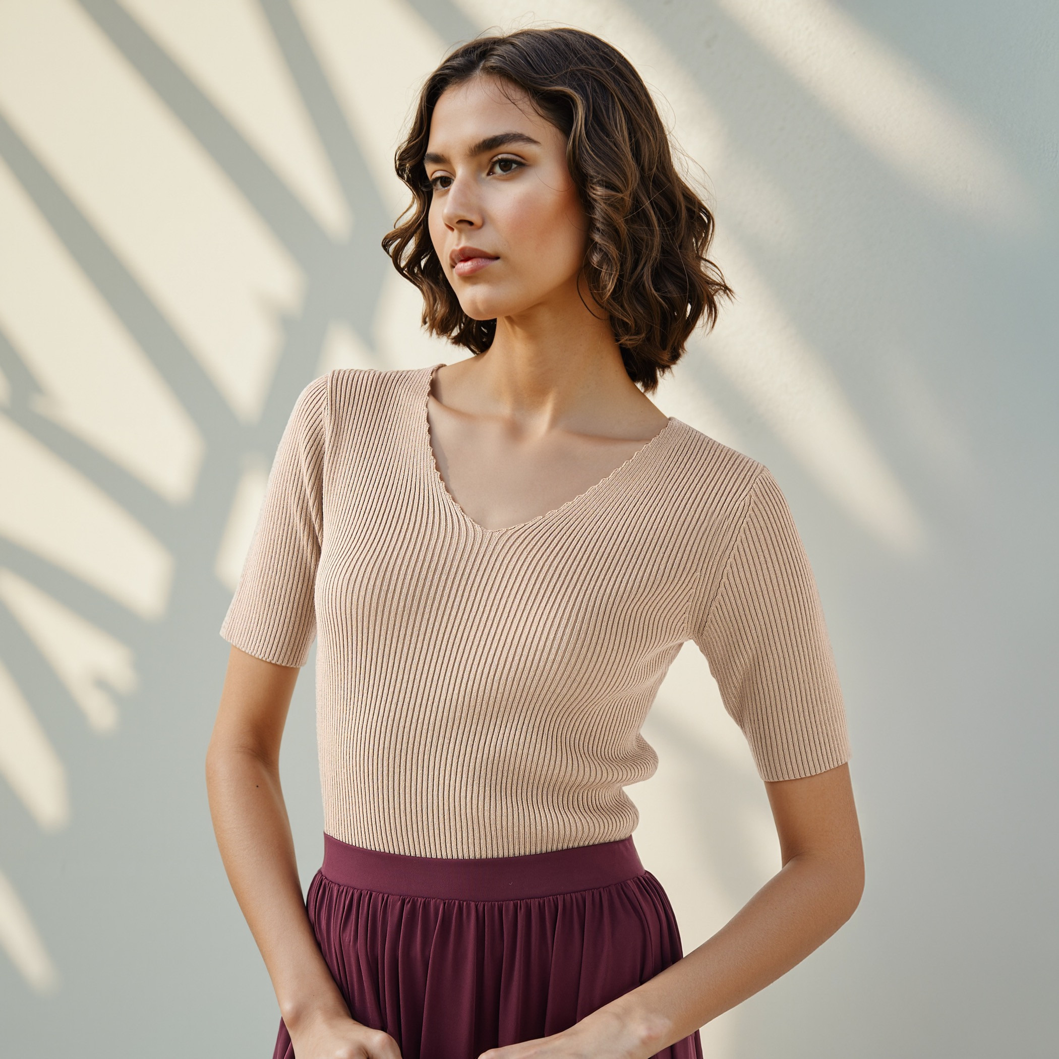 Ribbed V-neck Tricot Top with Short Sleeves-women-clothing-tshirts-image-1