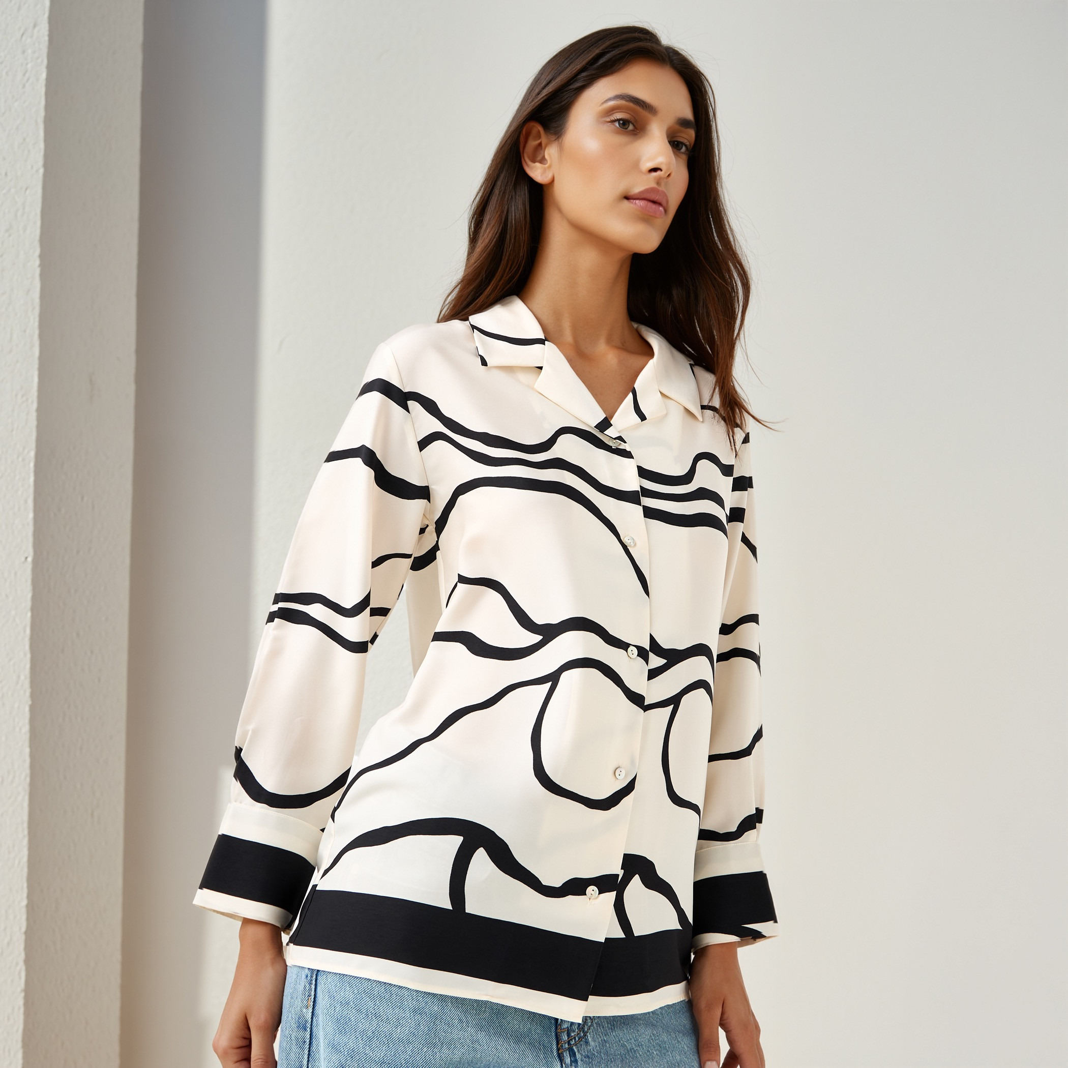 Regular Fit Printed Collared Satin Shirt-women-clothing-shirtsandblouses-shirts-image-1