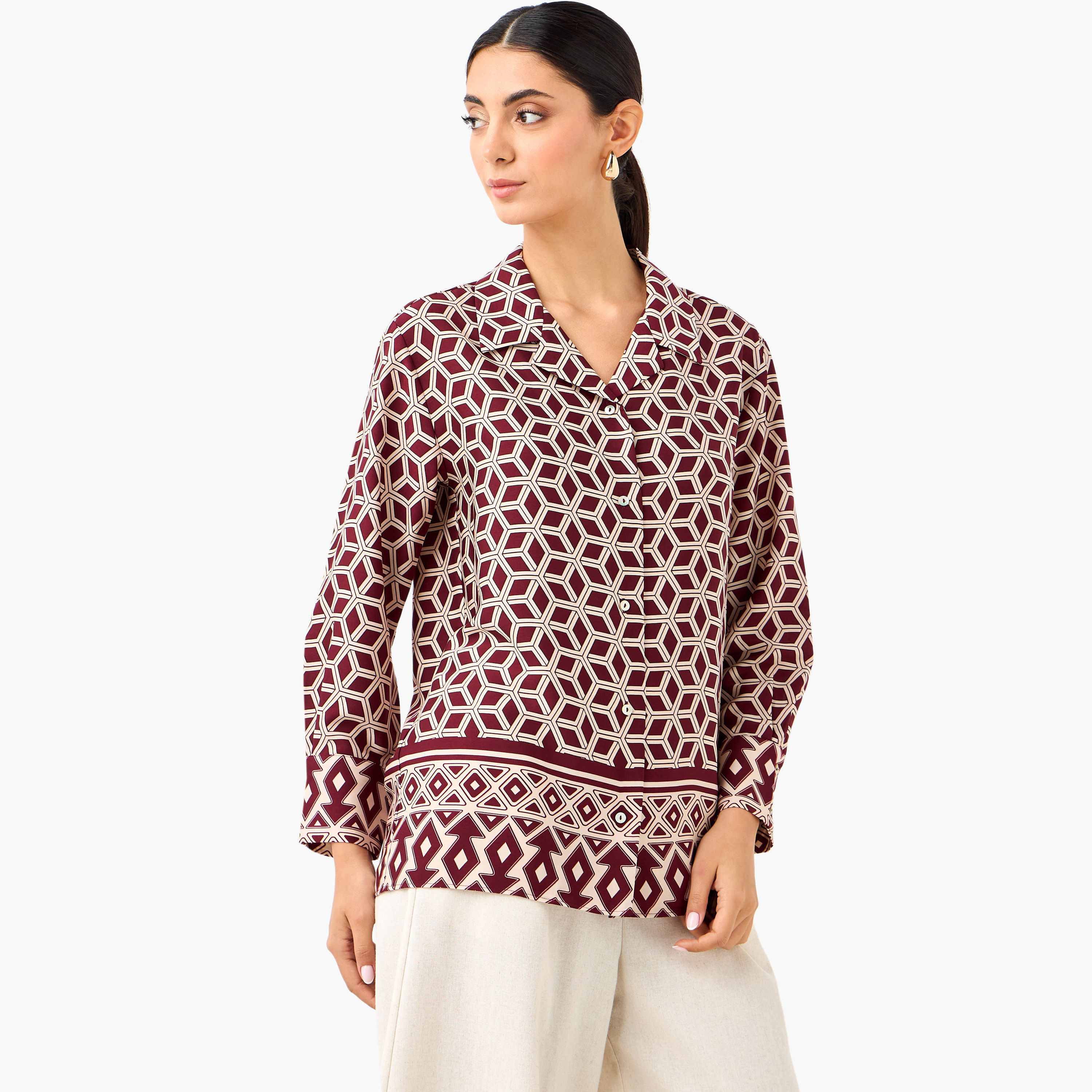 Regular Fit Printed Collared Satin Shirt-women-clothing-shirtsandblouses-shirts-image-1