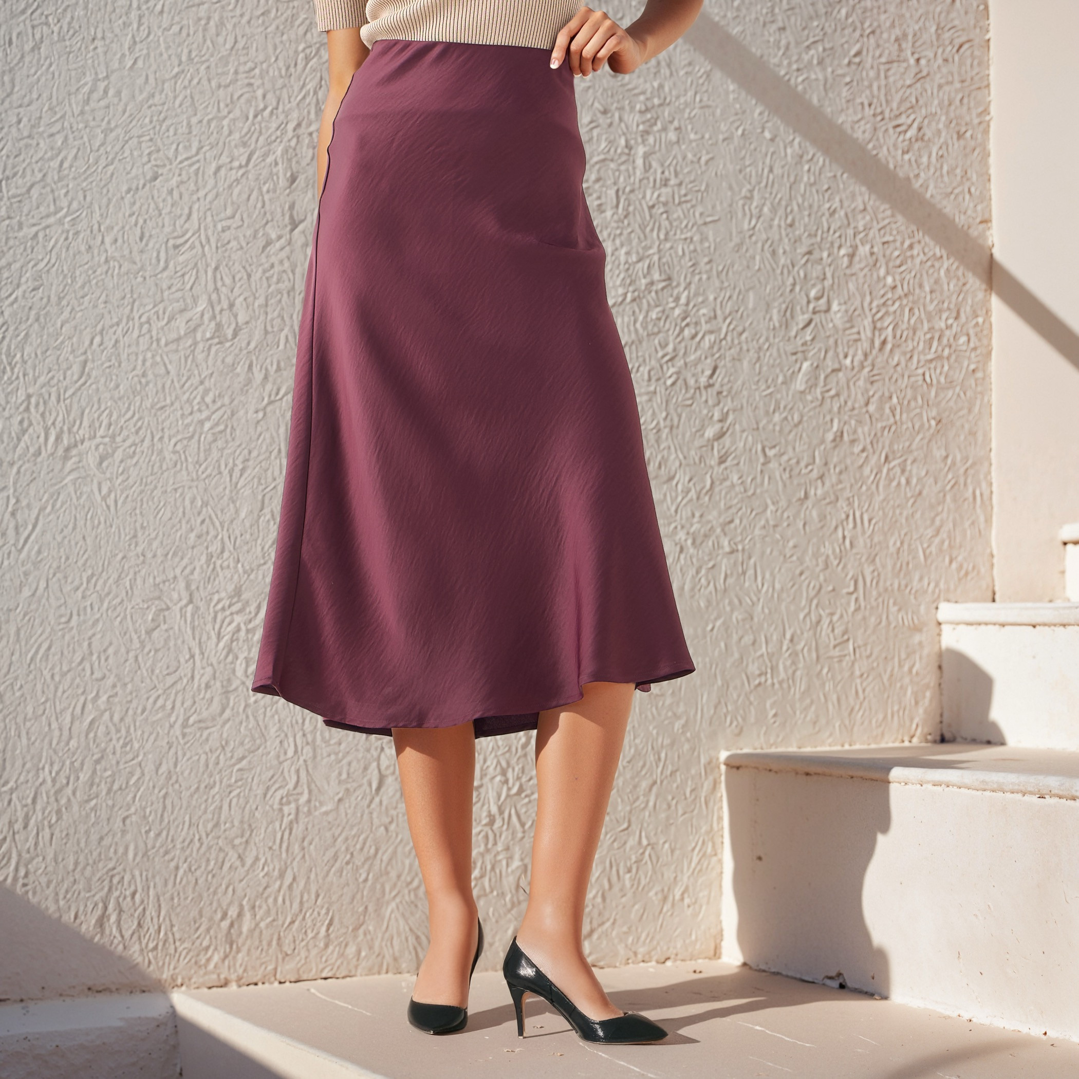 Textured Flared Skirt with Elasticated Waistband-women-clothing-bottoms-skirts-image-1