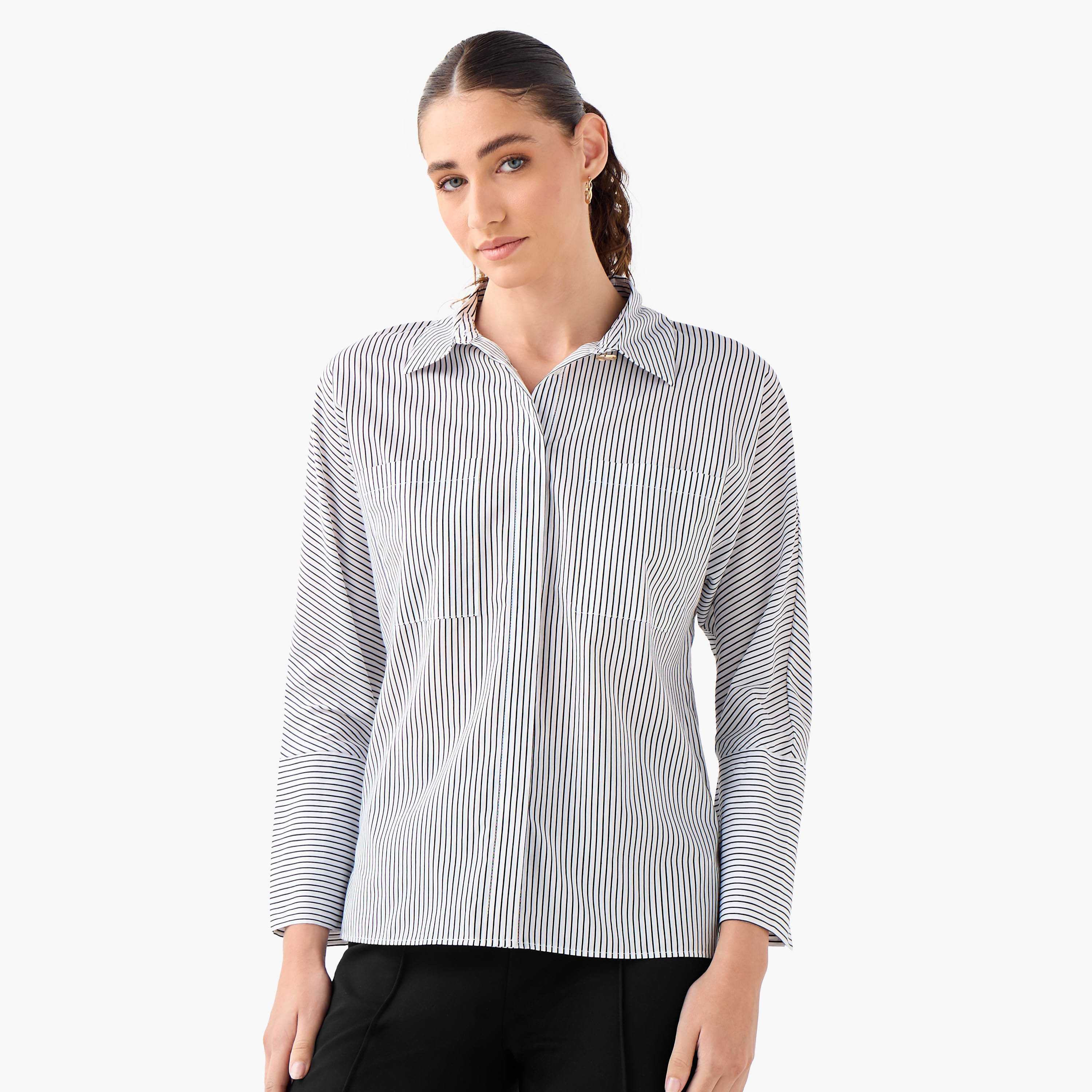 Regular Fit Striped Collared Shirt with Chest Pockets-women-clothing-shirtsandblouses-shirts-image-1
