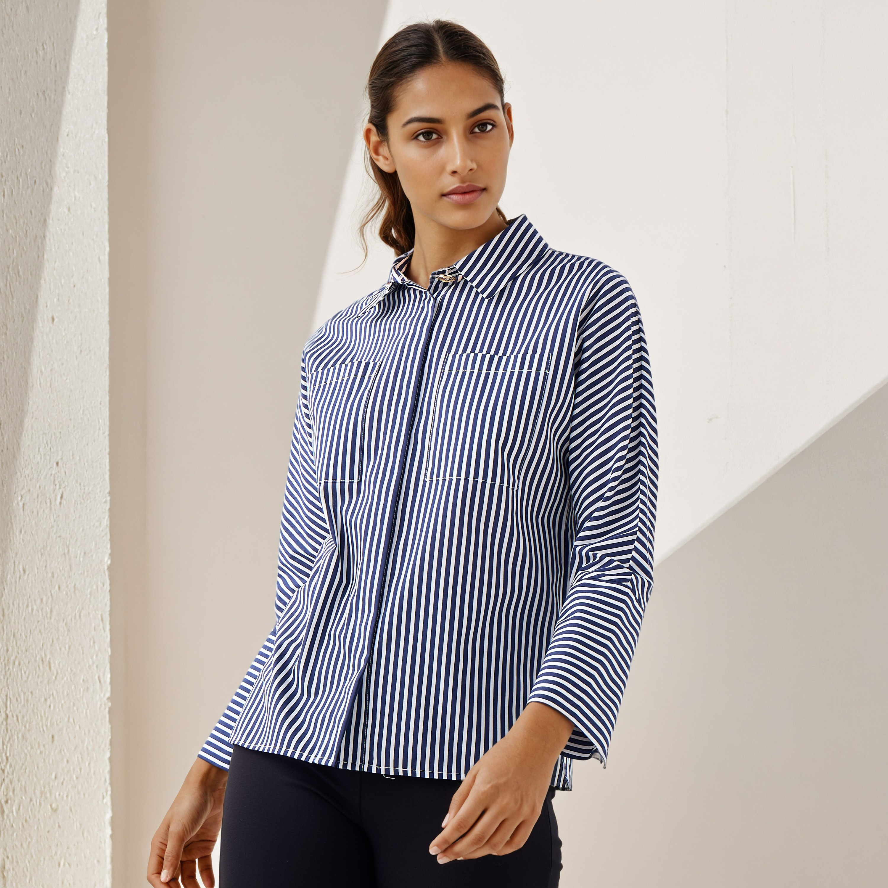 Regular Fit Striped Collared Shirt with Chest Pockets-women-clothing-shirtsandblouses-shirts-image-1