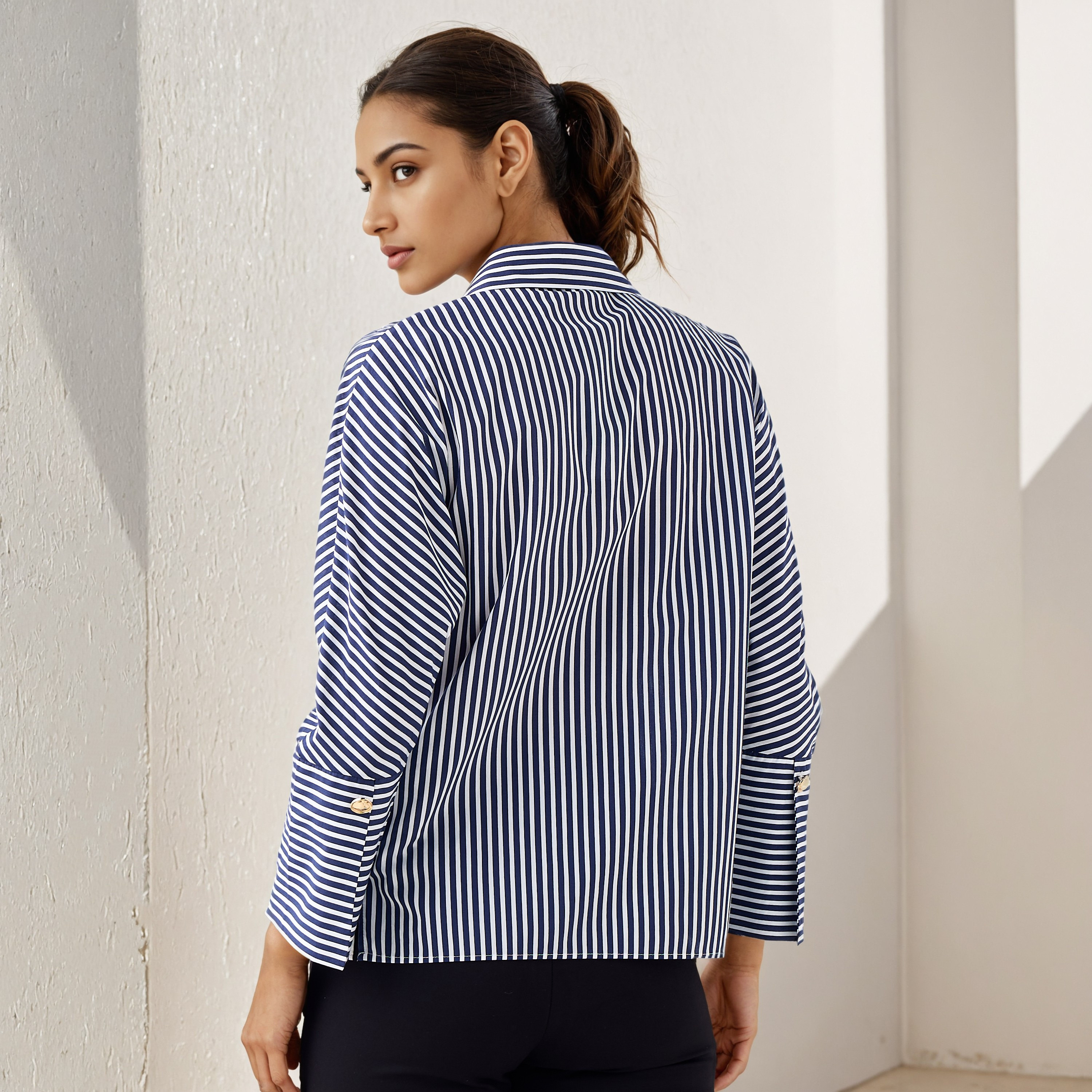 Regular Fit Striped Collared Shirt with Chest Pockets-women-clothing-shirtsandblouses-shirts-image-3