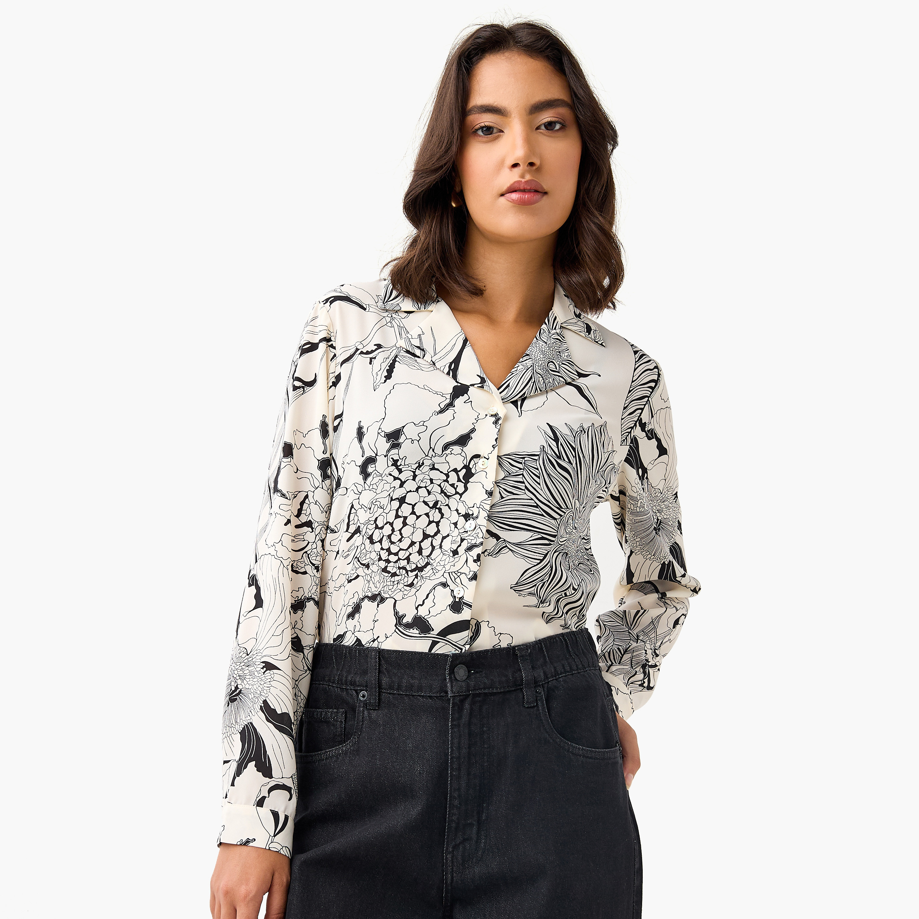 Floral Print Shirt with Lapel Collar-women-clothing-shirtsandblouses-shirts-image-1
